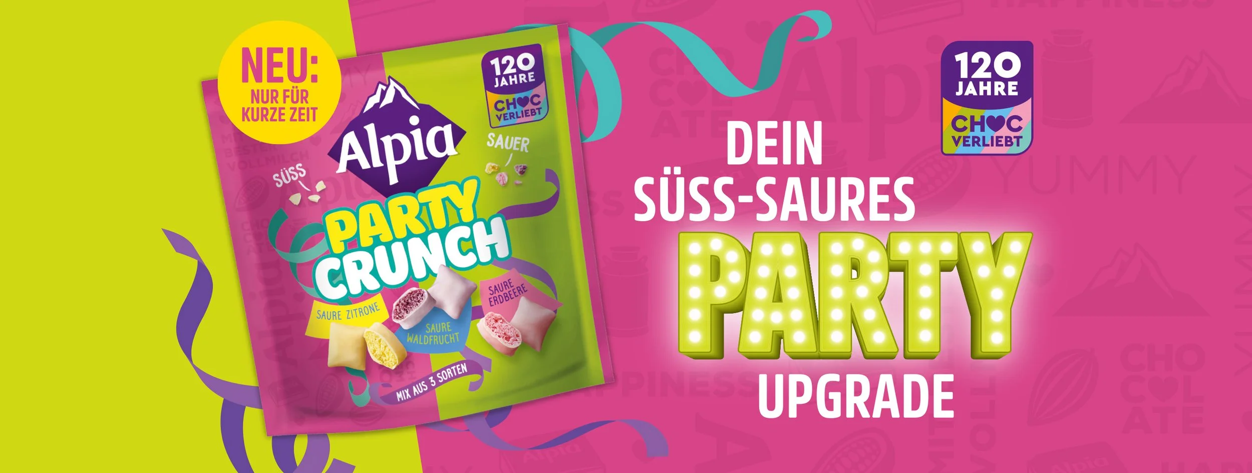 Alpia Party Crunch mit süß-sauren, knusprigen Schoko-Snacks in den Sorten Zitrone, Waldfrucht und Erdbeere – Jubiläumsedition zum 120-jährigen Alpia Jubiläum.