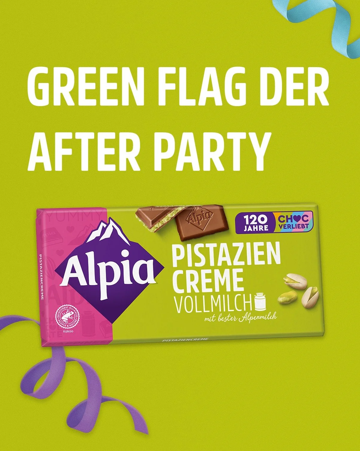 Weitere Green Flags auf einer Party: Wenn du die Playlist &uuml;bernehmen darfst, jemand ungefragt Snacks verteilt und aus Smalltalk pl&ouml;tzlich Deep Talk wird. 💚🕺

#alpia #chocverliebt #pistaziencreme #geburtstag #jubil&auml;um