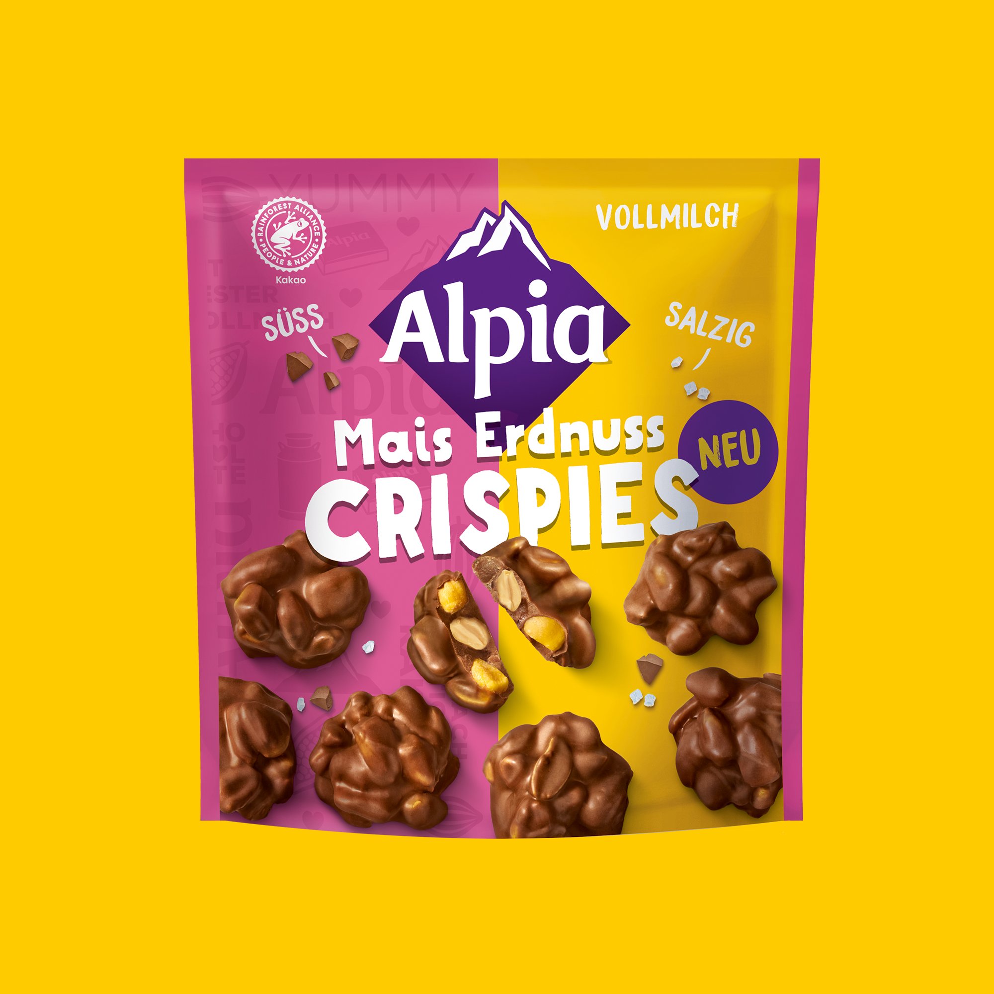 Alpia Mais-Erdnuss Crispies – süß-salzige Schokoladen-Snacks mit geröstetem Mais & Erdnüssen in knuspriger Vollmilchschokolade