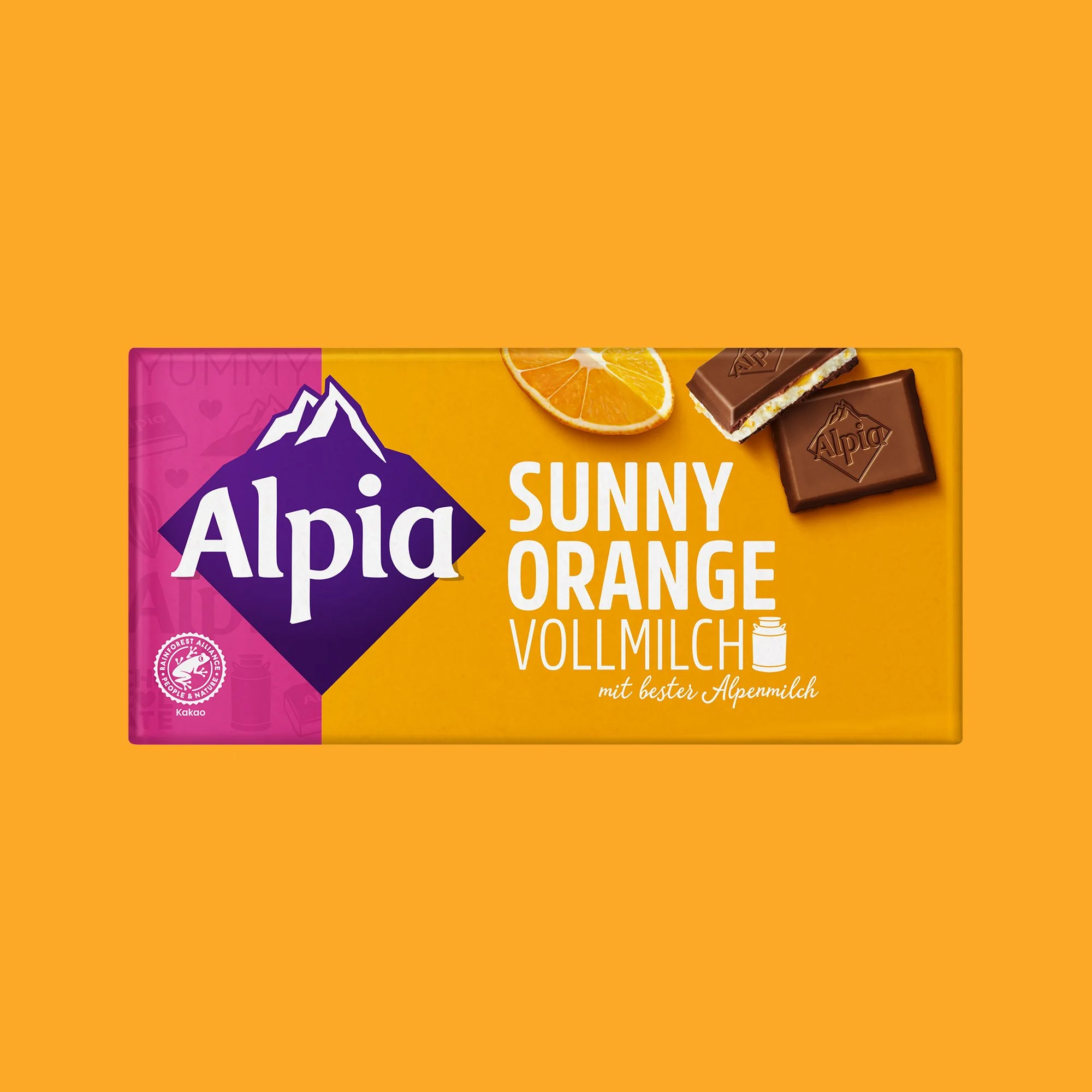 Alpia Sunny Orange – fruchtige Orangenstücke in zarter Schokolade aus bester Alpenvollmilch, mit einer erfrischenden Note