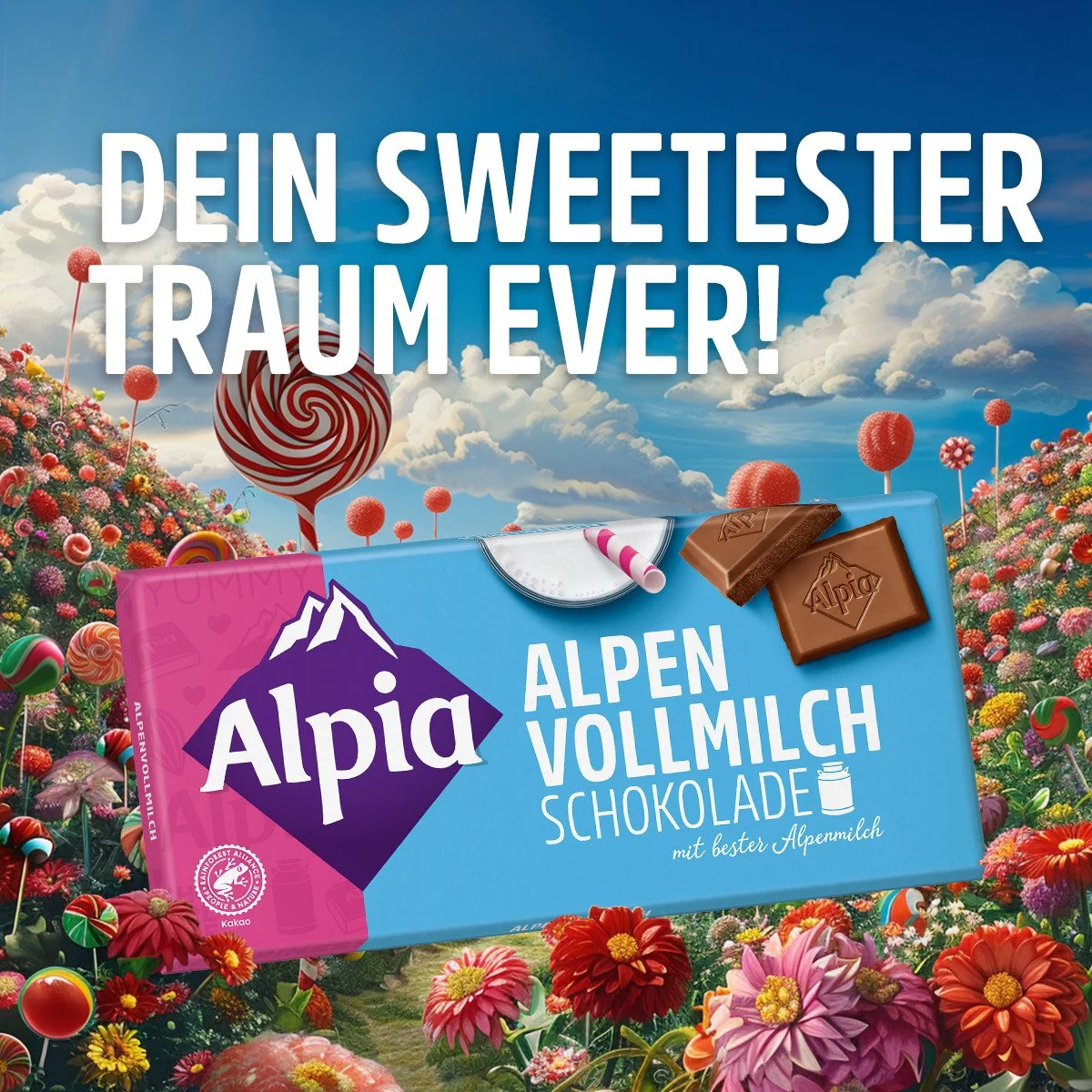 Süßwaren-Traum mit Alpenvollmilch Alpia Schokolade – fantasievolle Szene mit Schriftzug „Dein sweetester Traum ever“ im Hintergrund einer süßen Produktwelt.