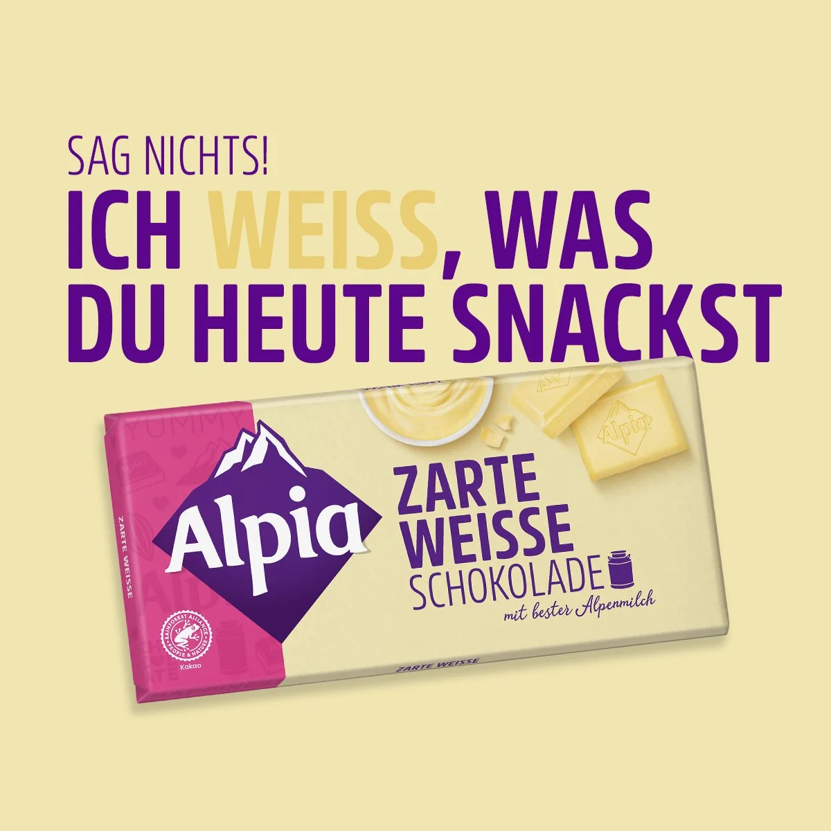 Alpia Zarte Weisse – "Sag nichts, ich weiß, was du heute snackst" – Die perfekte Tafel für einen süßen Genussmoment.