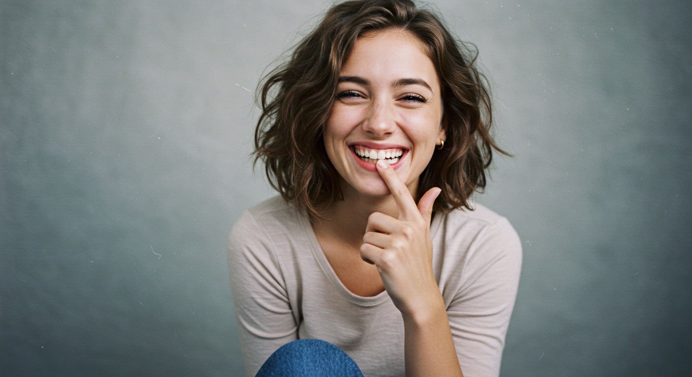 Young woman with shoulder-length wavy brown hair smiling and touching her lips with her index finger, wearing a light-colored t-shirt, against a plain gray background.
