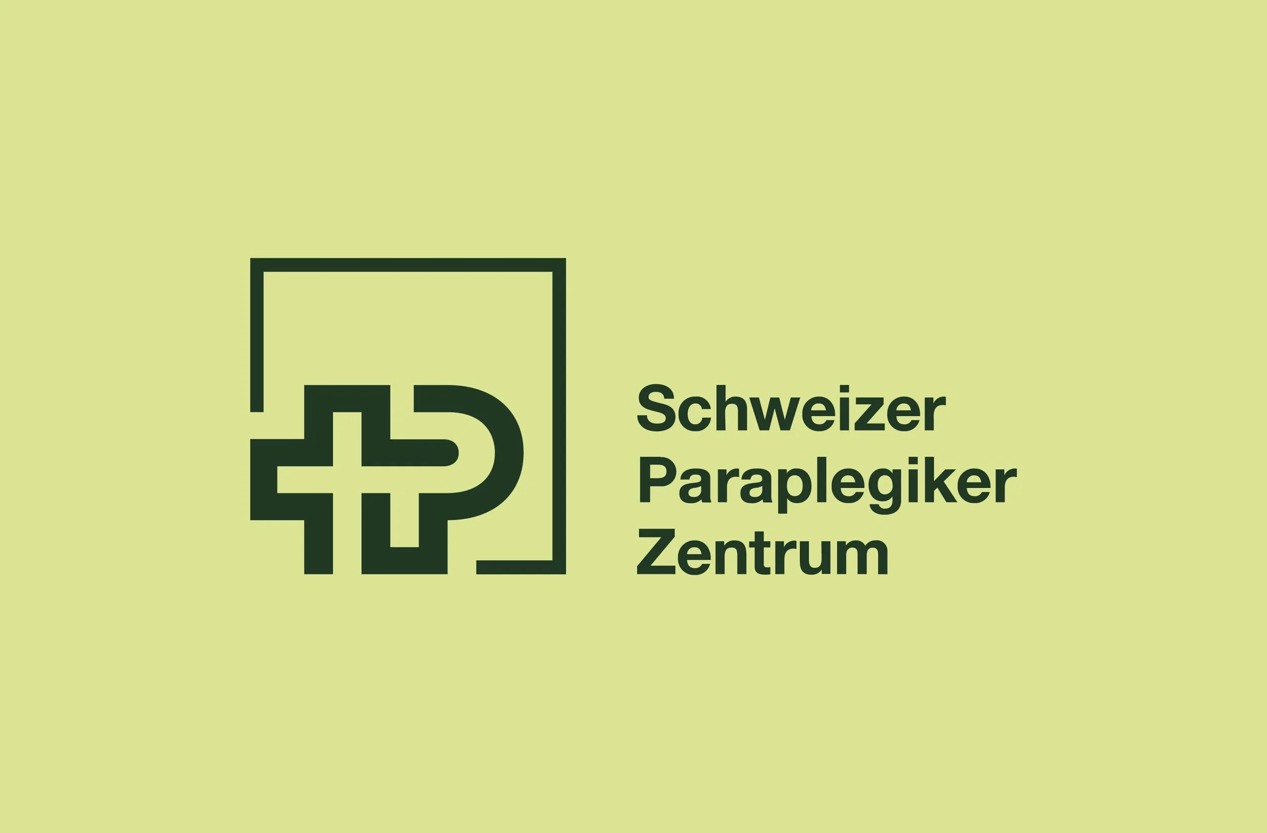 Logo des Schweizer Paraplegiker Zentrums mit grünem Kreuz auf gelbem Hintergrund.