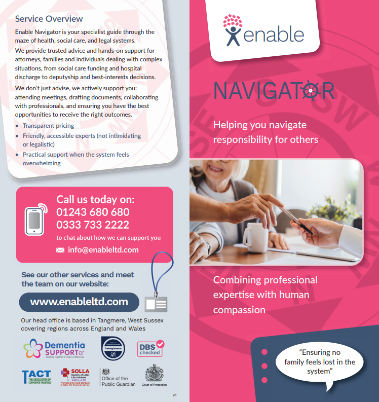 A bi-fold leaflet, describing a service overview, how to contact us, a pink back ground with blue Navigator title and Enable logo. A speech bubble saying "Ensuring no family feels lost in the system". An image of a meeting, where a pen is being passe