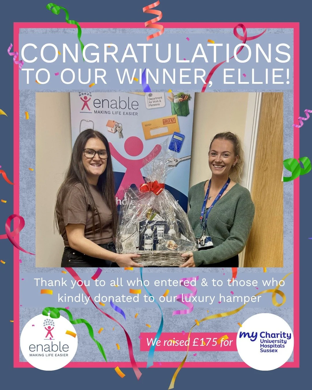 🎉 Congratulations to our winner, Ellie aka @lloydsfootcare ! 🎉

Thank you to everyone who entered our luxury hamper prize draw in aid of @myuhsussex, your entries raised an amazing &pound;175 in total!💙

A HUGE thank you goes to @beautifulyou_78, 