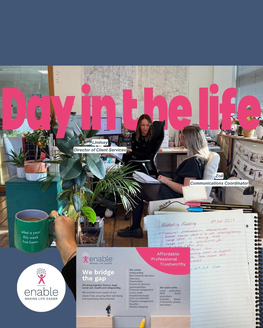 A day in the life at Enable 💬
Lindsey and Zo&euml; recently had a meeting to review and refine the presentations they share with local businesses. By improving how we communicate Enable &amp; Thrive&rsquo;s services, we help others better understand