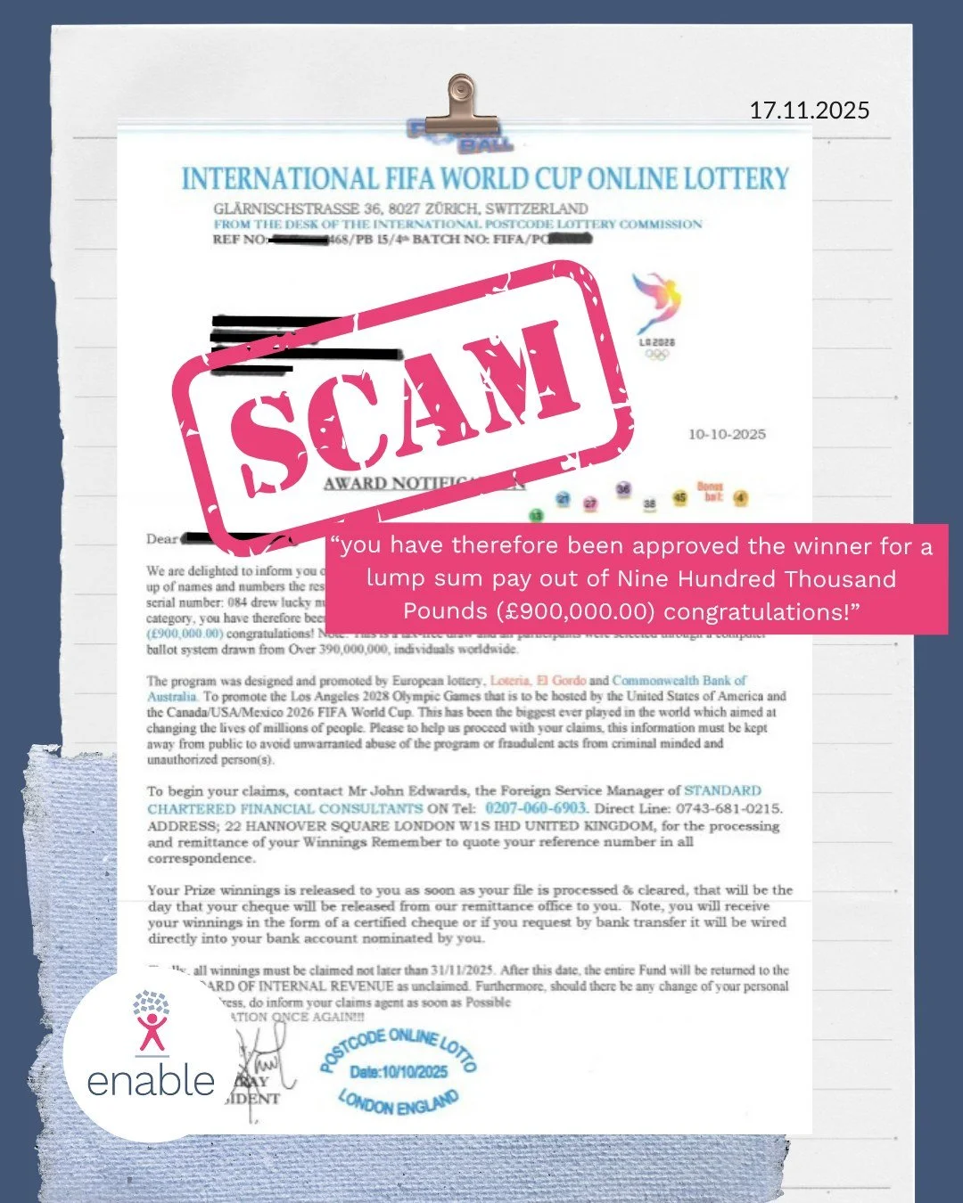 ❗BE SCAM AWARE ❗
Recently one of our clients received this letter through their door and called us to inform us she had won &pound;900,000! We were able to complete safeguarding checks immediately and then gently reassured our client it is likely to 