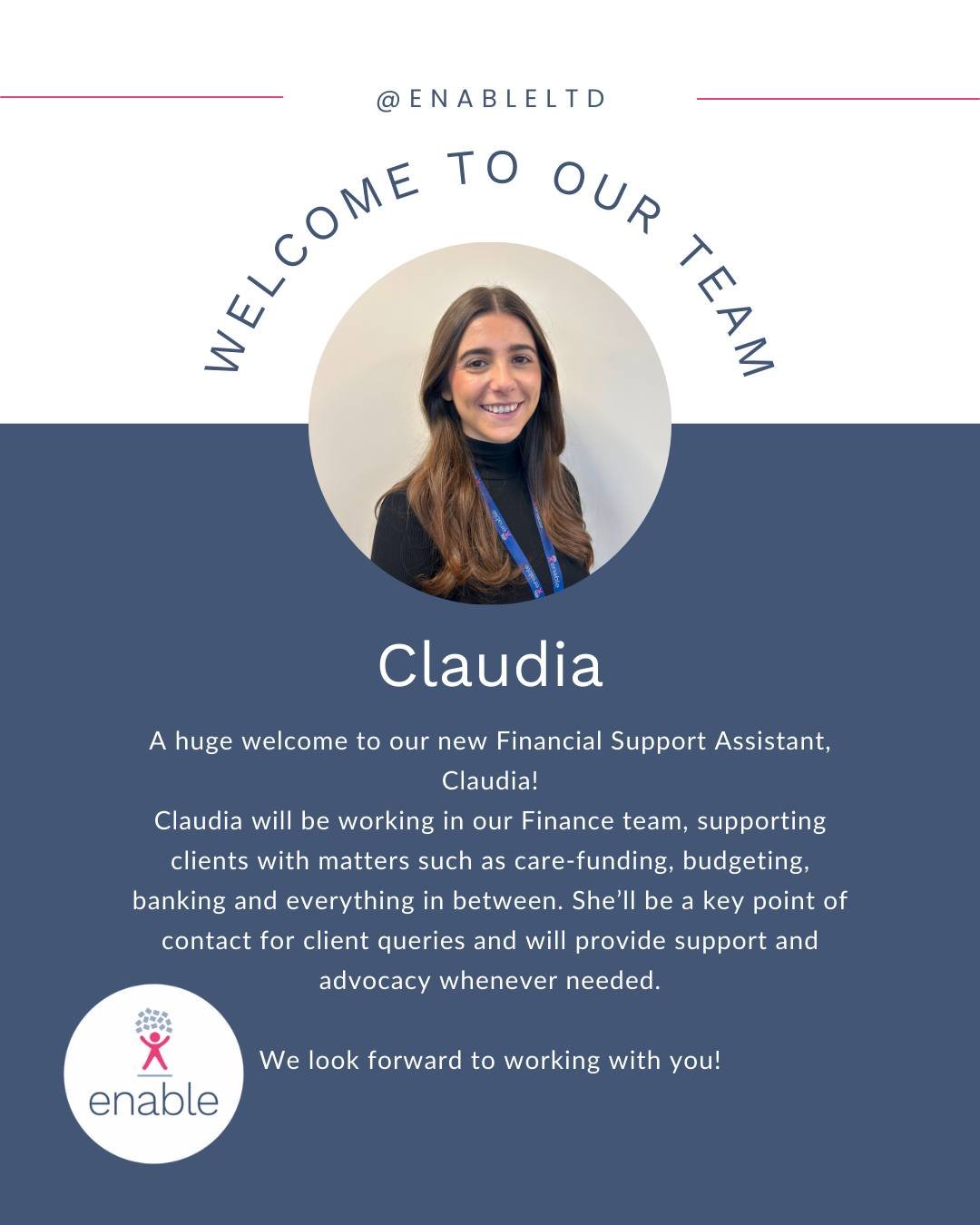 Exciting news! Claudia has joined our Finance team as a Financial Support Assistant. She&rsquo;ll be a key point of contact for clients, offering support with care-funding, budgeting, banking and more. Welcome, Claudia! 💙