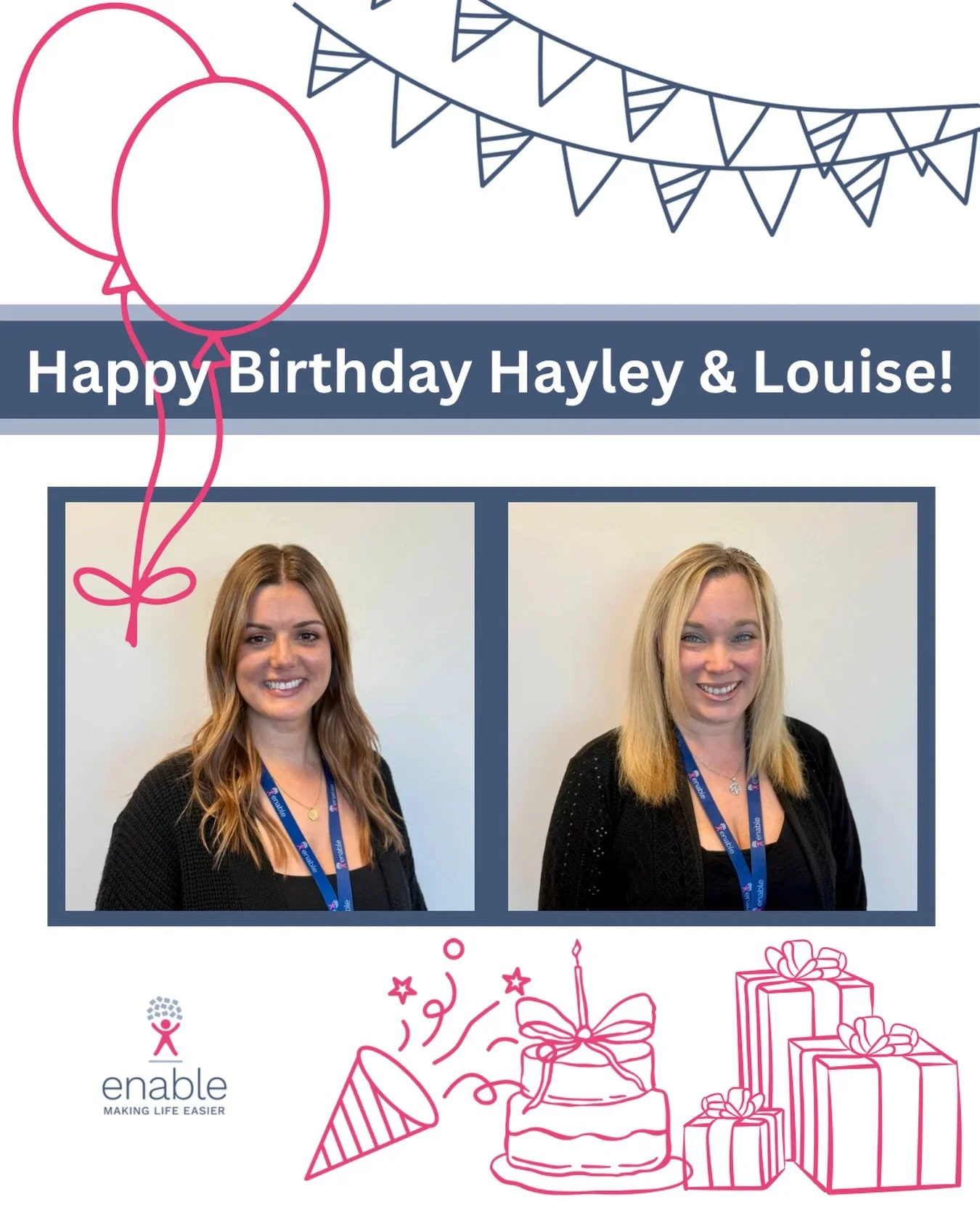 Happy Birthday to Hayley, our Financial Support Assistant and Louise our Benefits queen! Wishing you both a lovely time celebrating this week 🎂 ✨ 
Love, the Enable team 🤍🫶🏼🪩🥂
