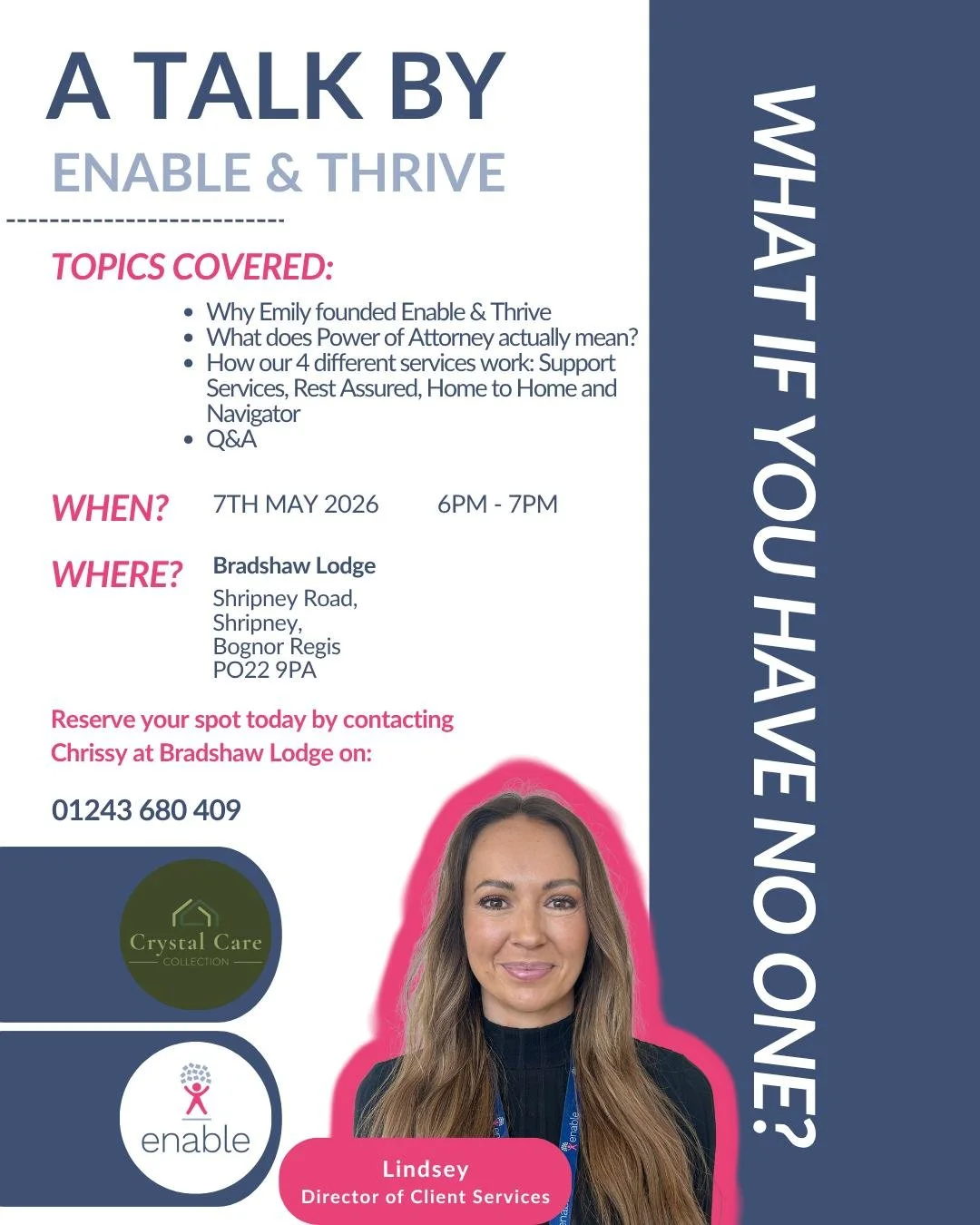 🌸You're Invited! 🌸

Come along to our talk about Power of Attorney, and the services we provide at Enable &amp; Thrive!

Where? Bradshaw Lodge, Shripney
When? Thursday 7th May at 6pm

Book your spot by calling Chrissy at Bradshaw Lodge on 01243 680