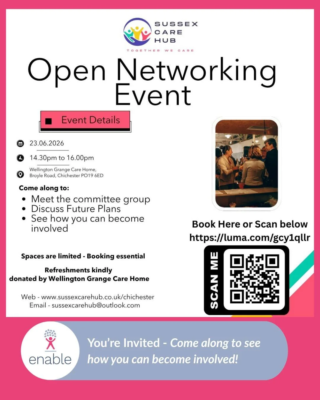 Join us in Chichester on Tuesday 23rd June, 2:30 &ndash; 4pm, for the Sussex Care Hub open networking event! We&rsquo;ve got lots of exciting updates and insights to share from our last session. 
Come along, connect, and be part of the discussion.