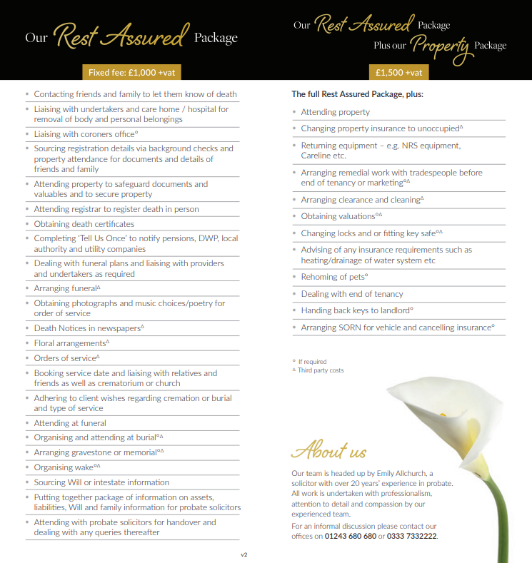 A bi-fold leaflet of rest assured package, summarising all tasks completed across two out of three types of packages. Image of a white lily on the bottom right. Rest Assured without property described and Rest Assured with property is described. Abou
