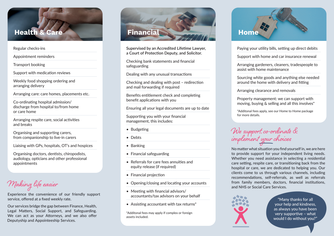 A tri-fold leaflet of support services package, summarising silver, gold and platinum packages. Enable making life easier and photo of hands holding on the first page, a summary of who we are on second page and a list of our three packages on last pa