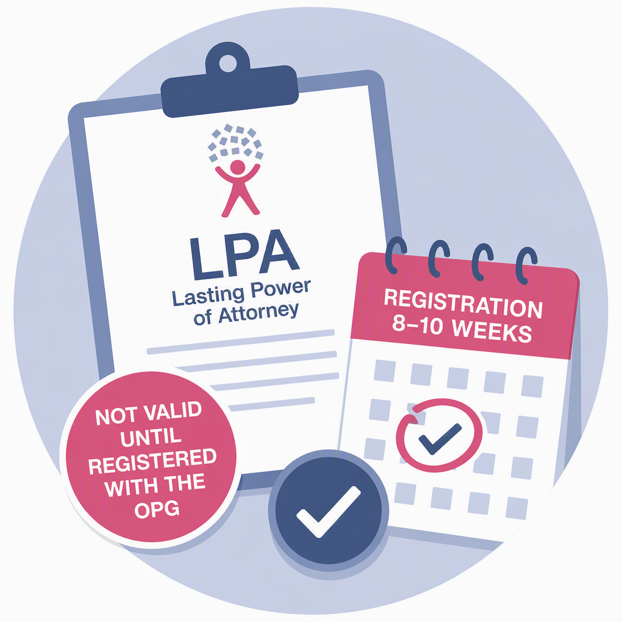 Blue circle background with LPA document, calendar, tick box and stamp on top