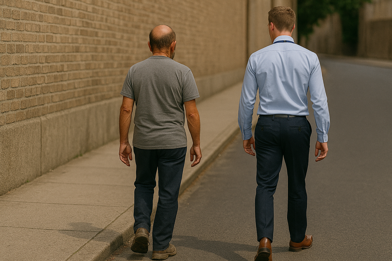Vulnerable man walking alongside social worker in the street.