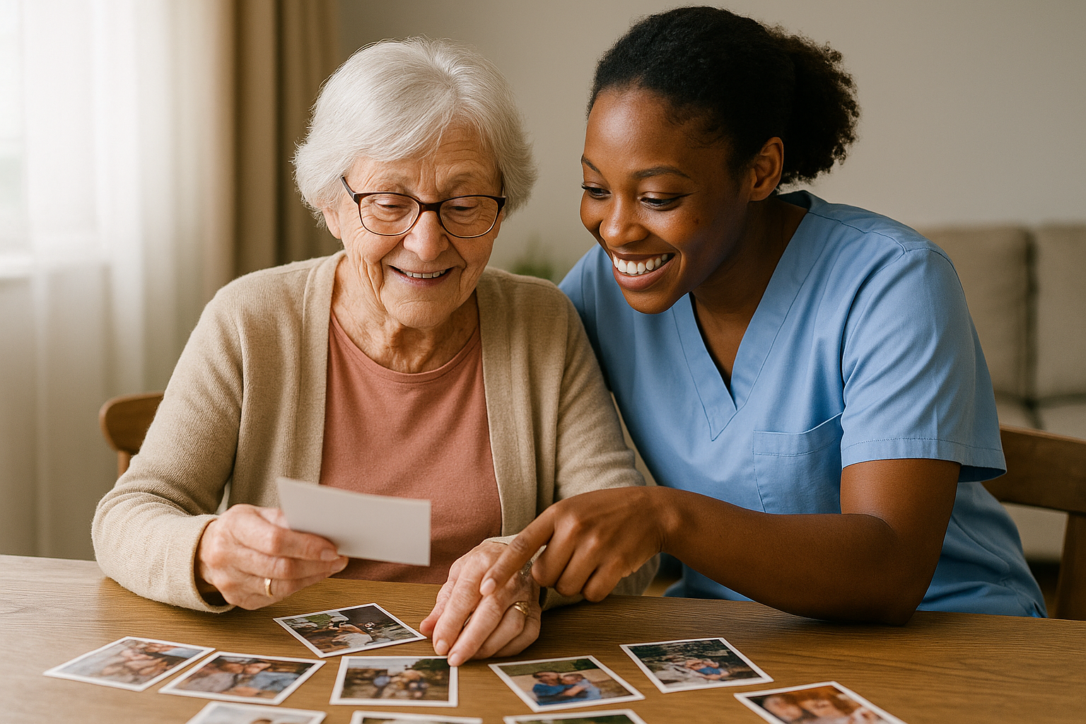 A carer supporting a client sorting through old family photos, with smiles on their faces, as down at a table.