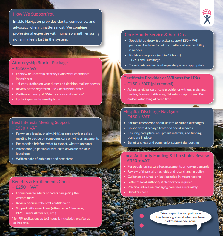 A bi-fold leaflet, describing a service overview, how to contact us, a pink back ground with blue Navigator title and Enable logo. A speech bubble saying "Ensuring no family feels lost in the system". An image of a meeting, where a pen is being passe