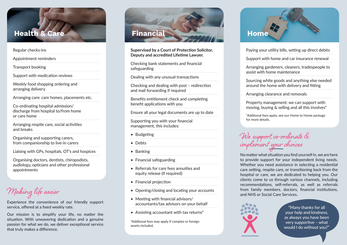 A tri-fold leaflet of support services package, summarising silver, gold and platinum packages. Enable making life easier and photo of hands holding on the first page, a summary of who we are on second page and a list of our three packages on last pa