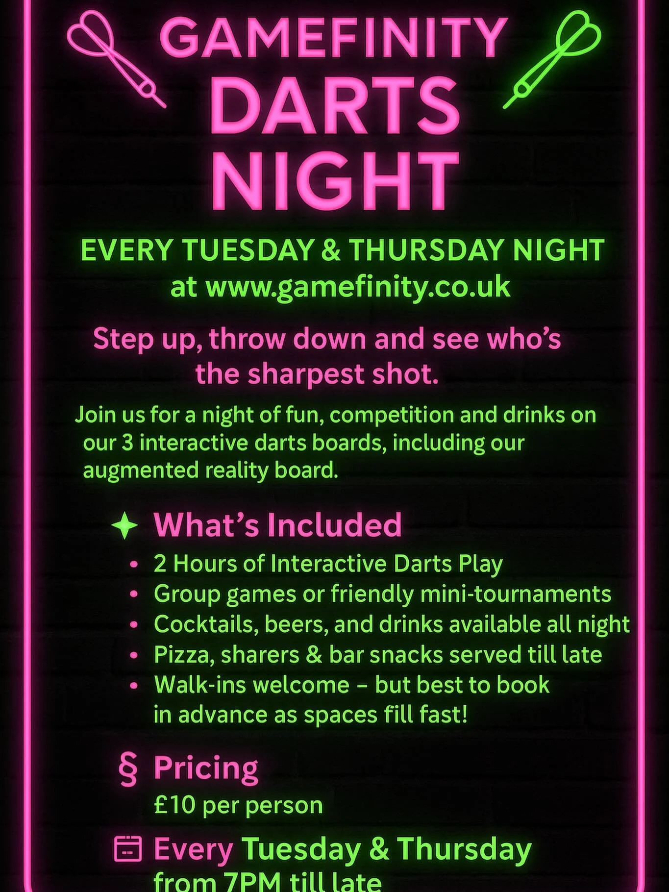 Join us for 2 hours of Interactive Darts play 🎯

Group games or friendly mini-tournaments 

Cocktails, beers, pizza and cheesy nachos can be purchased from our bar on the night 🍺🍕

Walk-ins welcome but it is best to book in advance as spaces fill 