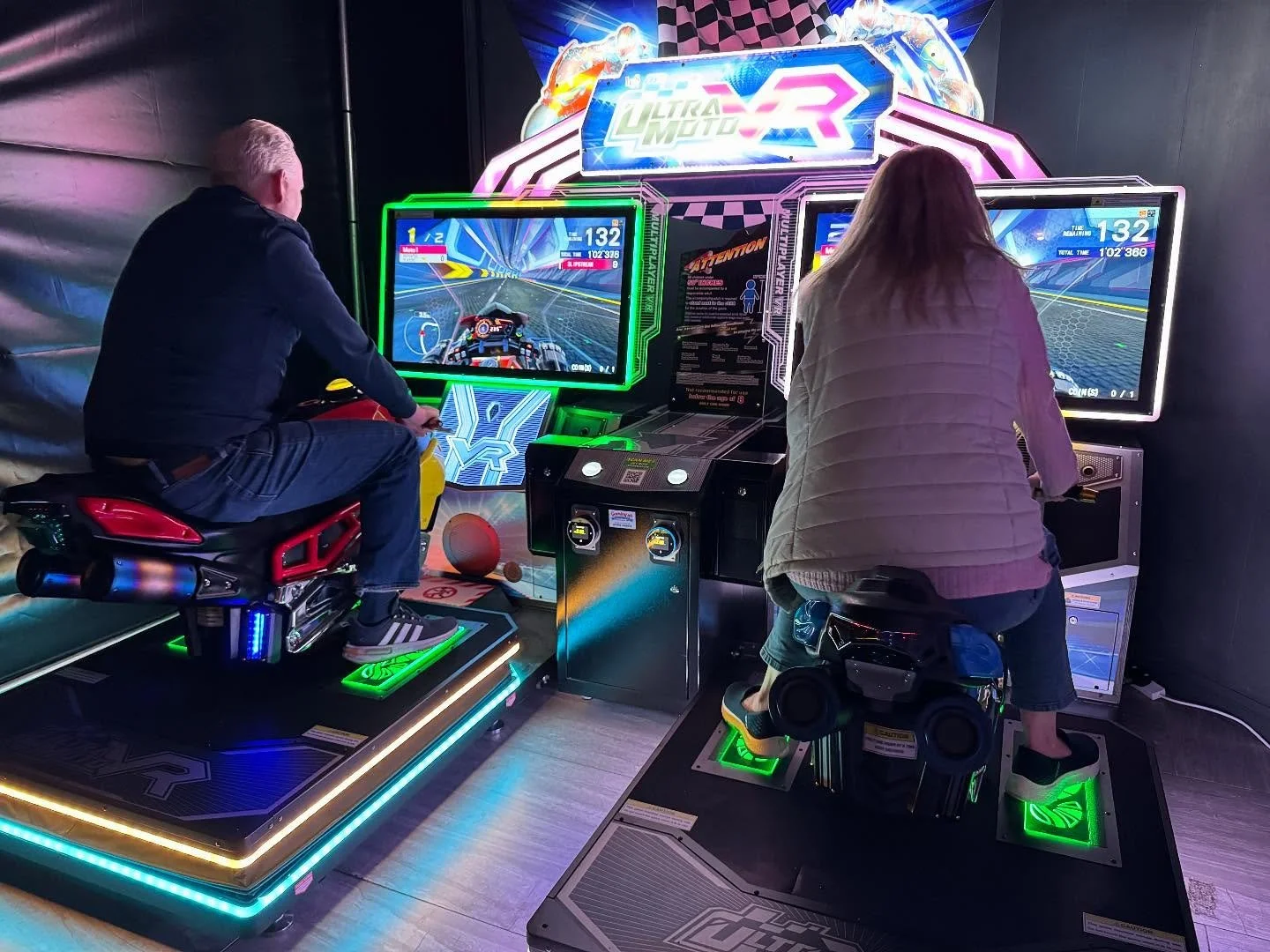 We now have Ultra Moto racing bikes available for you to play! 🏍️
These are not bookable so are available for walk-in tap to play. 

Motion platform lets you lean into curves - offering a true drifting sensation and realism.

13 speed levels 

12 se