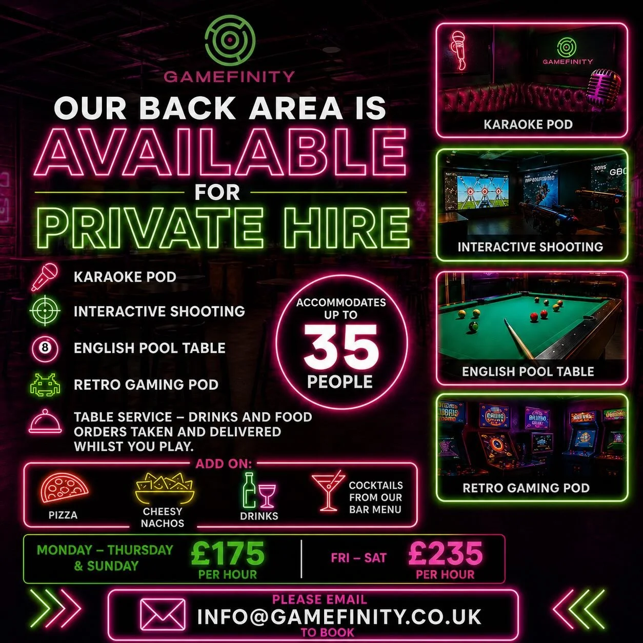 Our back area is available for private hire 

Karaoke pod
Interactive Shooting 
English pool table
Retro Gaming Pod

Table service - drinks and food orders taken and delivered whilst you play.

Add on: Pizza, Cheesy nachos, drinks, cocktails from our