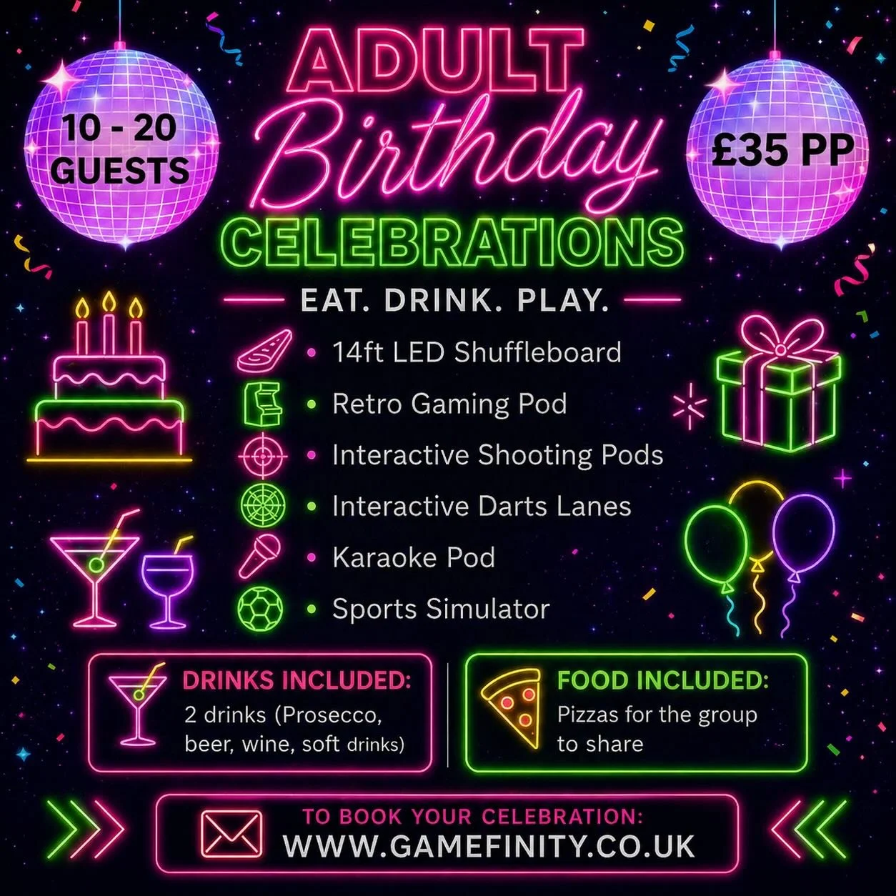 ADULT BIRTHDAY CELEBRATIONS DONE DIFFERENT 🎉 🎂

Looking for something better than the usual night out? 
Level up your birthday at Gamefinity with our birthday package&hellip;

✨ 10&ndash;20 guests
✨ 2-10 guests 1 activity / 11-20 guests 2 activitie