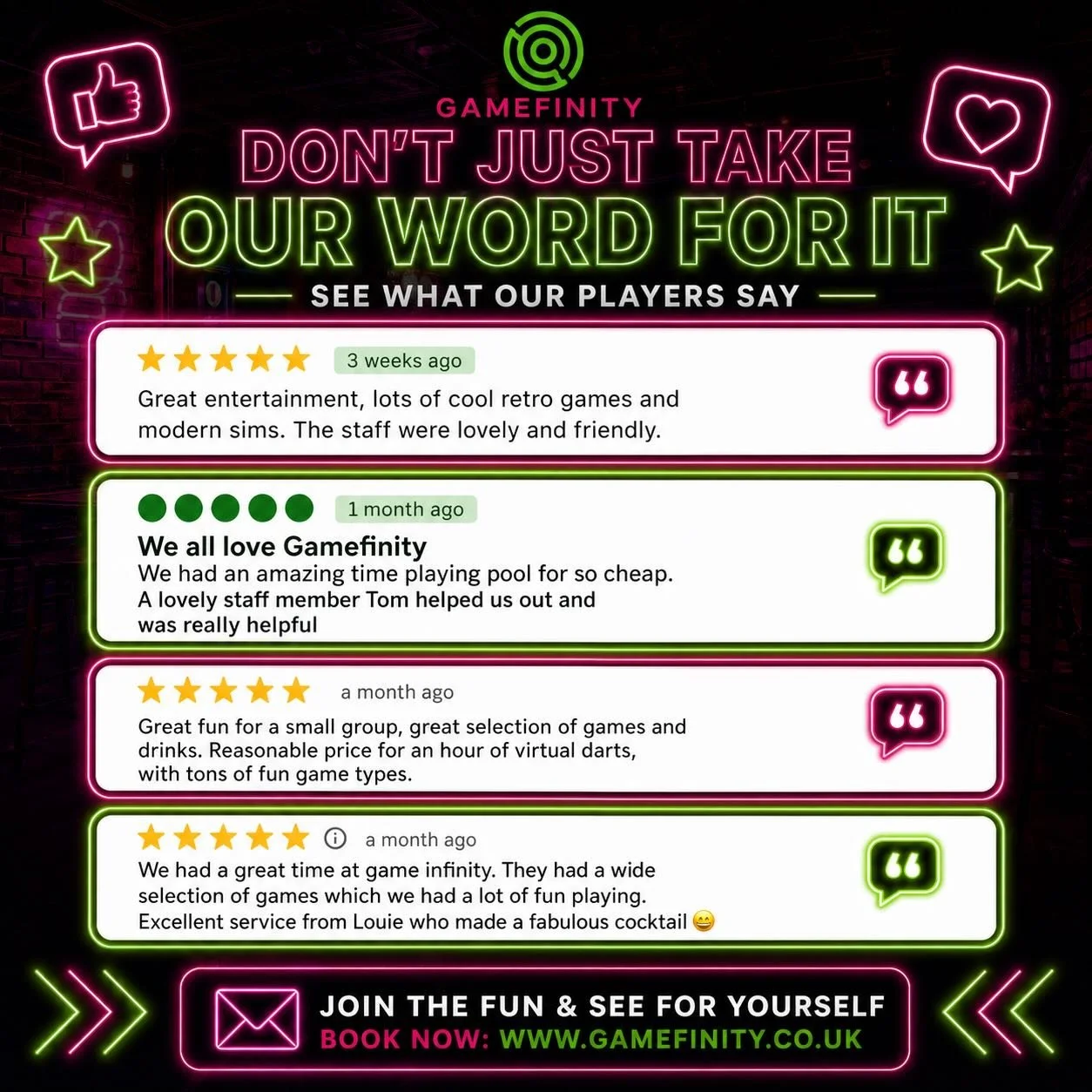 Nothing beats hearing it straight from our customers! 

⭐️ &ldquo;Great entertainment&hellip; cool retro games &amp; modern sims&rdquo;
⭐️ &ldquo;Amazing time playing pool&hellip; super friendly staff&rdquo;
⭐️ &ldquo;Great for groups&hellip; loads o