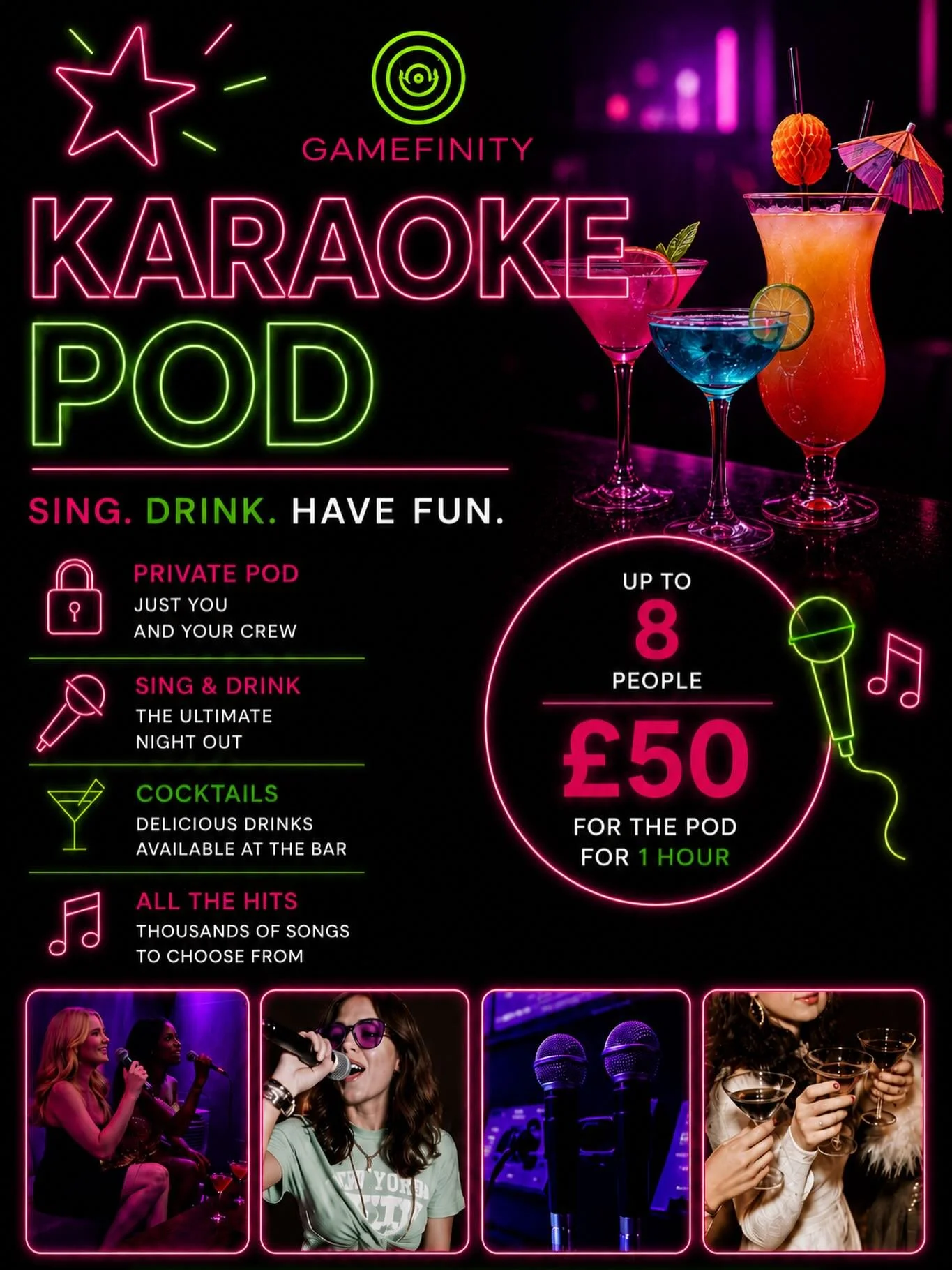 PRIVATE KARAOKE POD AT GAMEFINITY 

Grab your friends, pick your songs, and sing your heart out in your own private karaoke pod 🎶

🔥 Up to 8 people
🔥 Thousands of songs
🔥 Cocktails, drinks, cheesy nachos and pizzas available from the bar

🎤 ONLY