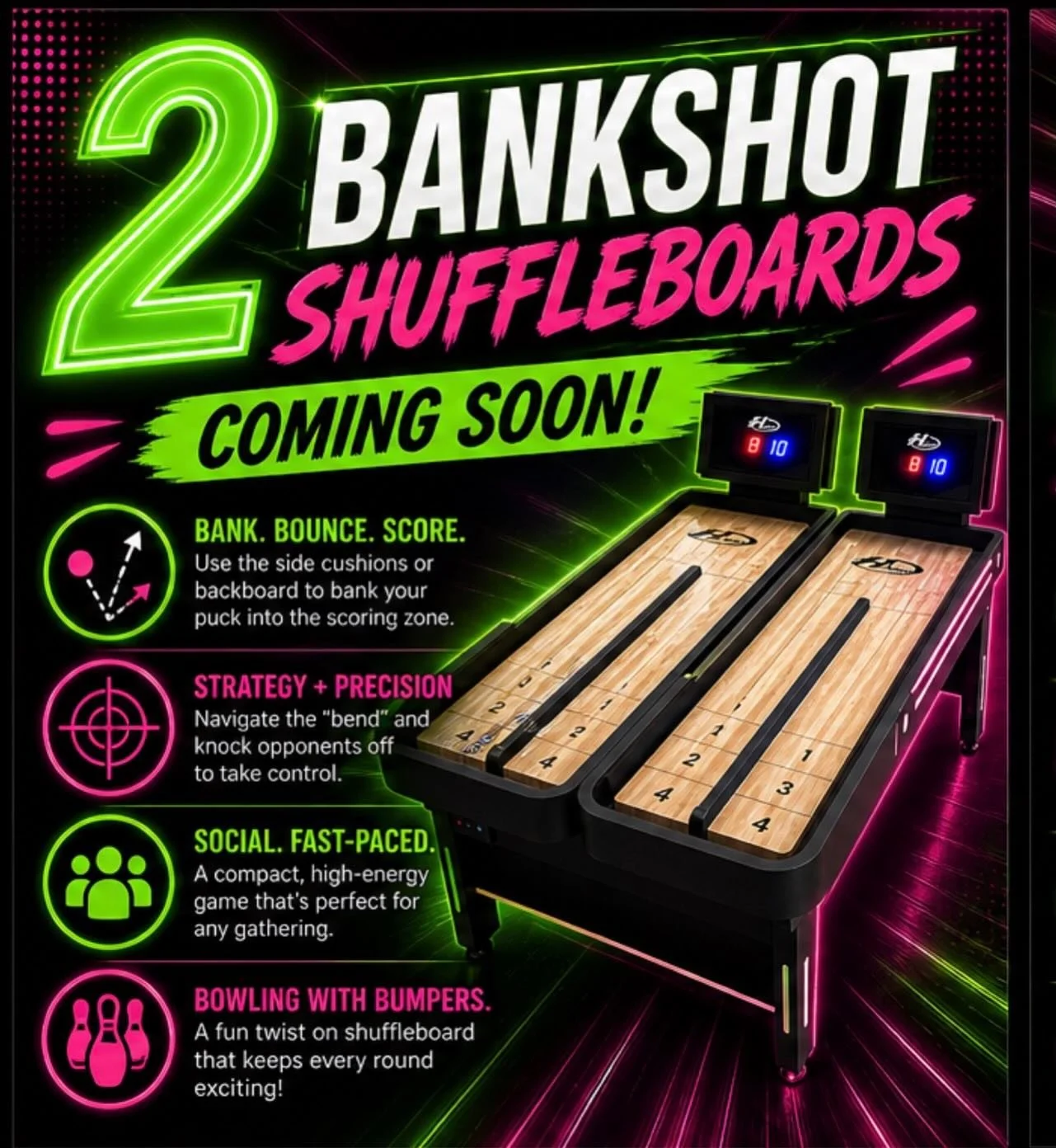 🎉 Exciting news!! 🎉

We have 2 Bankshot Shuffleboards arriving very soon at Gamefinity! 🥌

 Keep an eye on our socials and website for launch date.

#gamefinityleam #shuffleboard #leamingtonspa