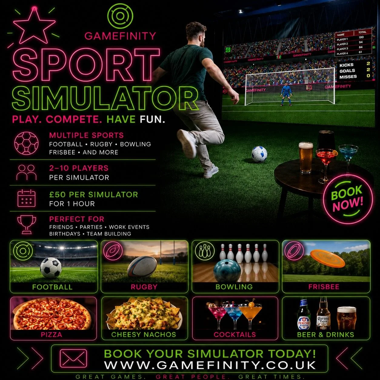 Looking for something different for your next night out, party, or group booking? Our immersive Sport Simulator brings the action indoors with interactive games for all skill levels!

⚽️ Football penalties
🏉 Rugby challenges
🥏 Frisbee games
🎳 Ten 