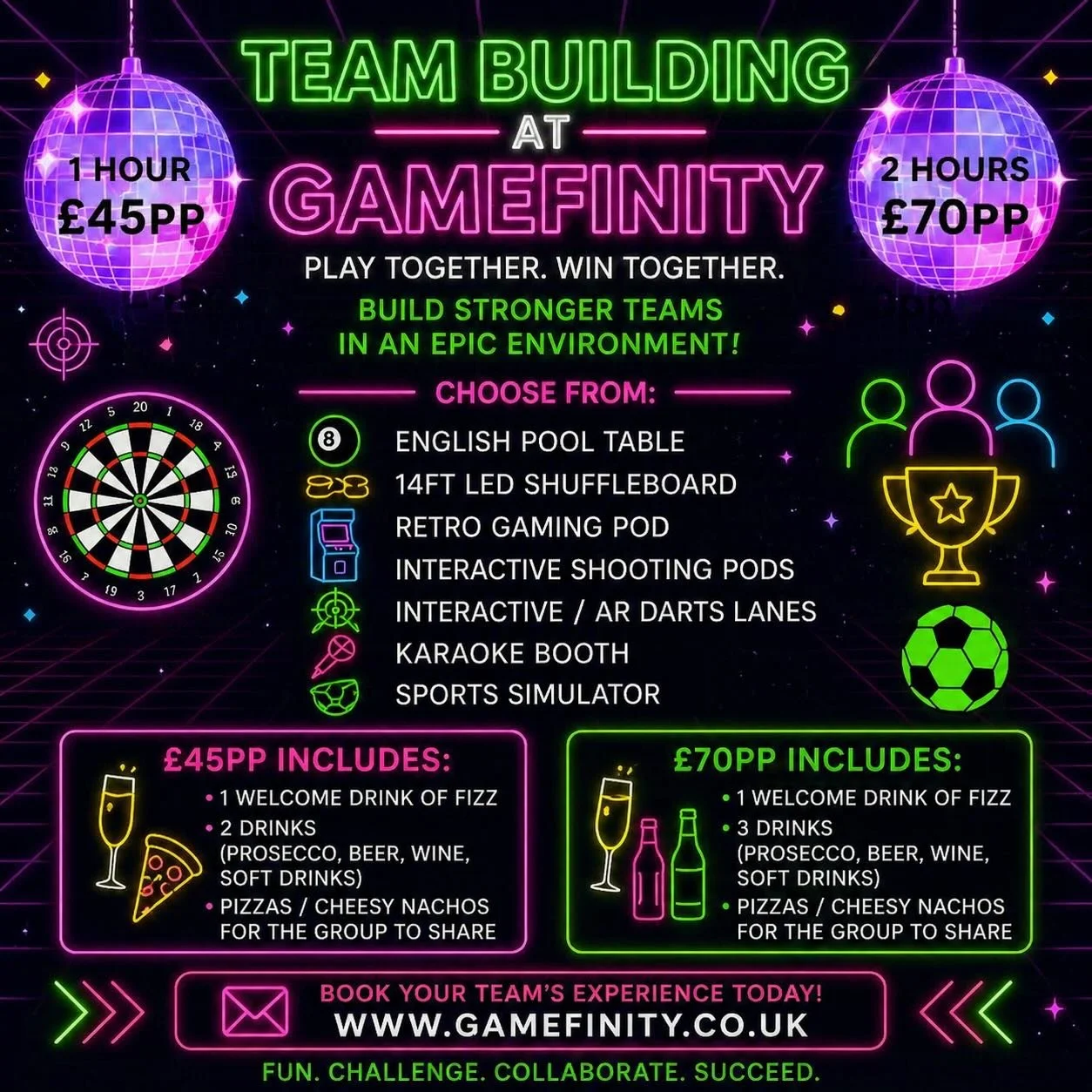 Looking for a team building activity that people actually WANT to attend? 

At Gamefinity, we have a Team Building package that includes:

🎮 Interactive games
🍕 Pizzas / Cheesy Nachos
🍹 Drinks 

Perfect for building stronger teams in a high-energy