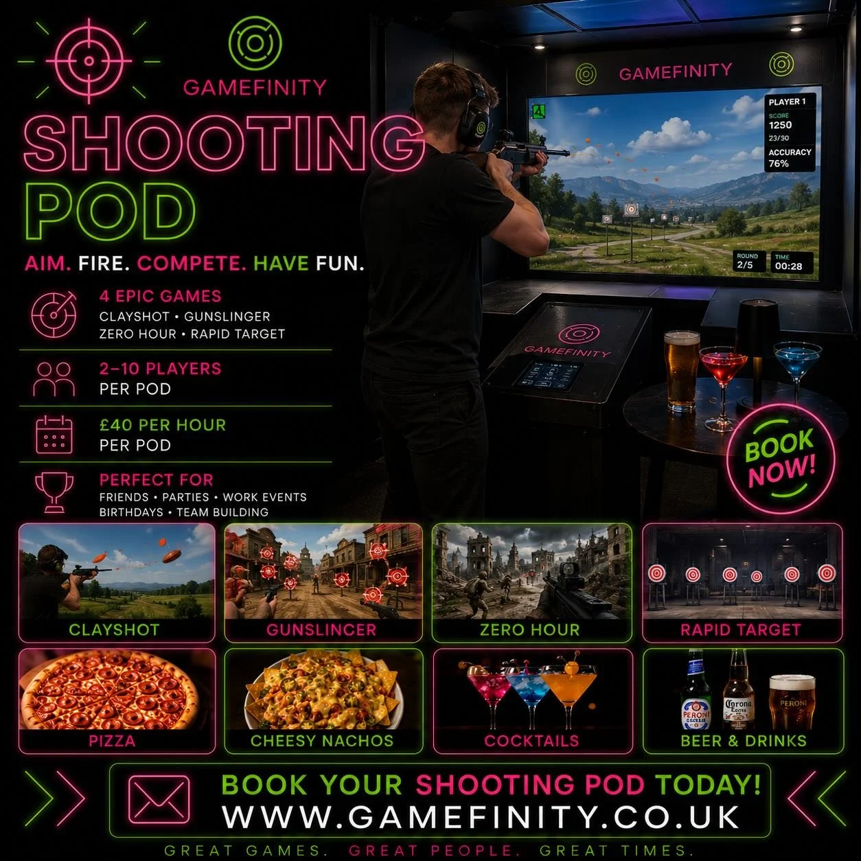 Step into the ultimate interactive Shooting Pod experience at Gamefinity! 

Take on:
🥏 Clayshot
🤠 Gunslinger
🧟 Zero Hour
🔫 Rapid Target

Perfect for:
👥 Groups of 2&ndash;10 players
🎉 Parties &amp; birthdays
🏆 Team building &amp; nights out

⏰ 
