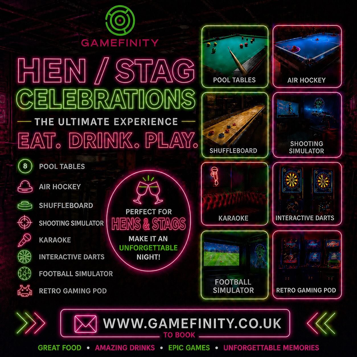 Last night of freedom? Make it count 👰&zwj;♀️🤵&zwj;♂️💍

HEN &amp; STAG PARTIES AT GAMEFINITY 

Whether you&rsquo;re team bride or team groom&hellip;
we&rsquo;ve got the ultimate night out. 

🎱 Pool tables 
🎤 Karaoke Pod 
🎯 Interactive/AR Darts 