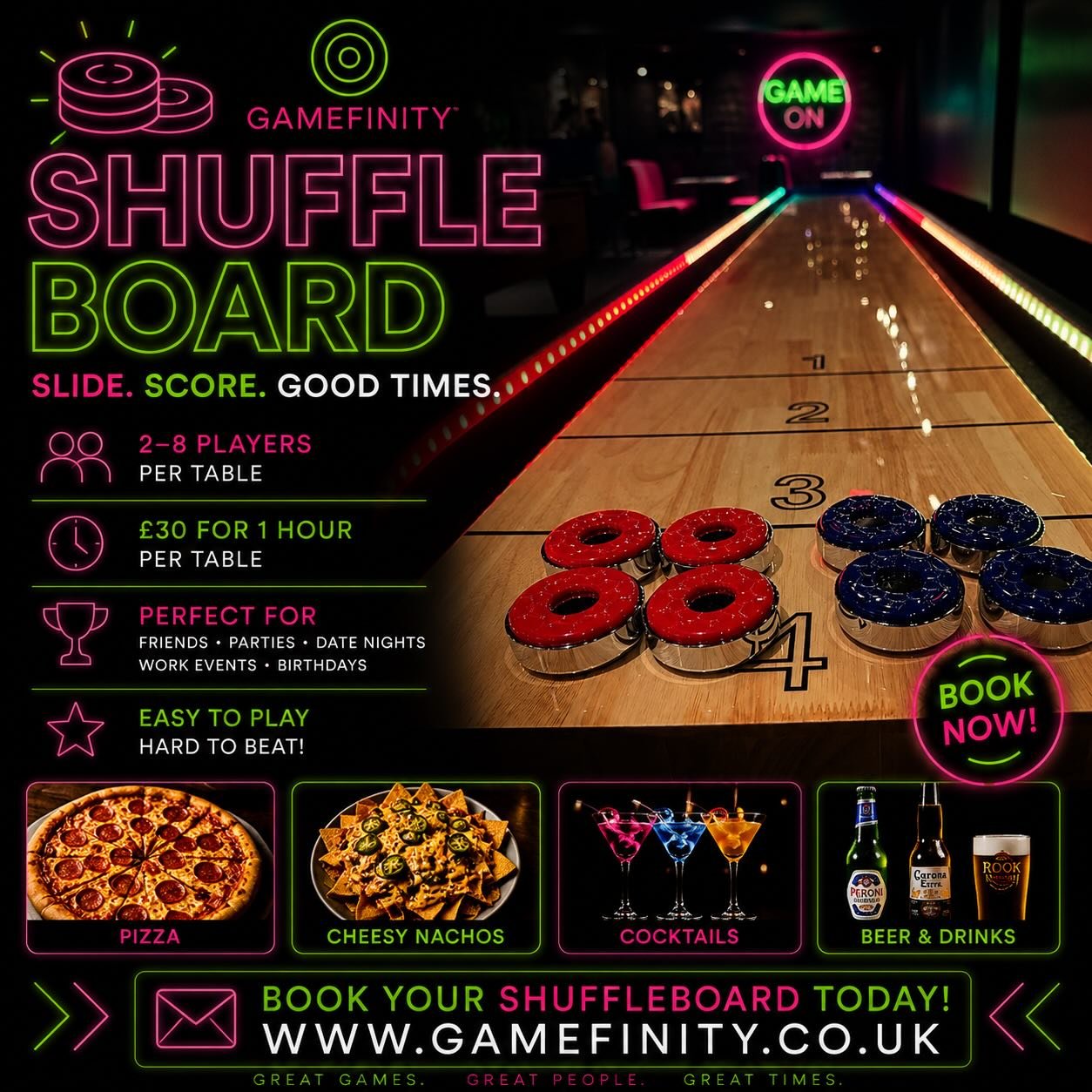 SLIDE INTO THE FUN! 

Challenge your mates, master your aim, and battle it out for bragging rights. 

🥌 2&ndash;8 players
🥌 &pound;30 per table for 1 hour

Perfect for parties, date nights, work socials and birthdays.

Plus enjoy, from the bar:
🍕 