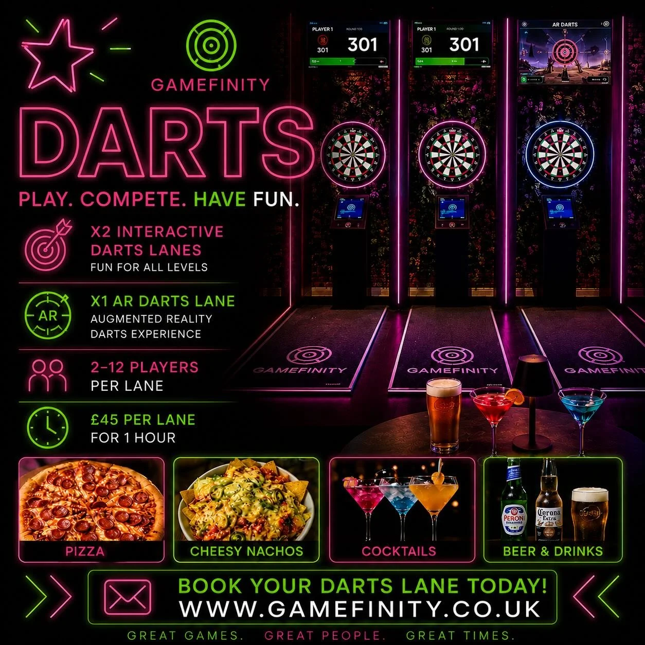 STEP UP TO THE OCHE AT GAMEFINITY 

Looking for something different for your next night out?

🎯 x2 Interactive Darts Lanes
🎯 x1 AR Darts Lane
🎯 2&ndash;12 players per lane
🎯 &pound;45 per lane for 1 hour

Whether you&rsquo;re planning a date nigh
