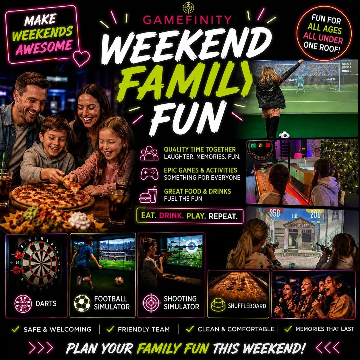 The weekend starts at Gamefinity! 🎉

Enjoy a night packed with:

🍺 Draught beers, cocktails, wines &amp; spirits
🍕 Delicious pizzas
🧀 Cheesy nachos
🎯 Interactive Darts
⚽ Football Simulator
🎯 Shooting Simulators
🏒 Shuffleboard
🎤 Private Karaok