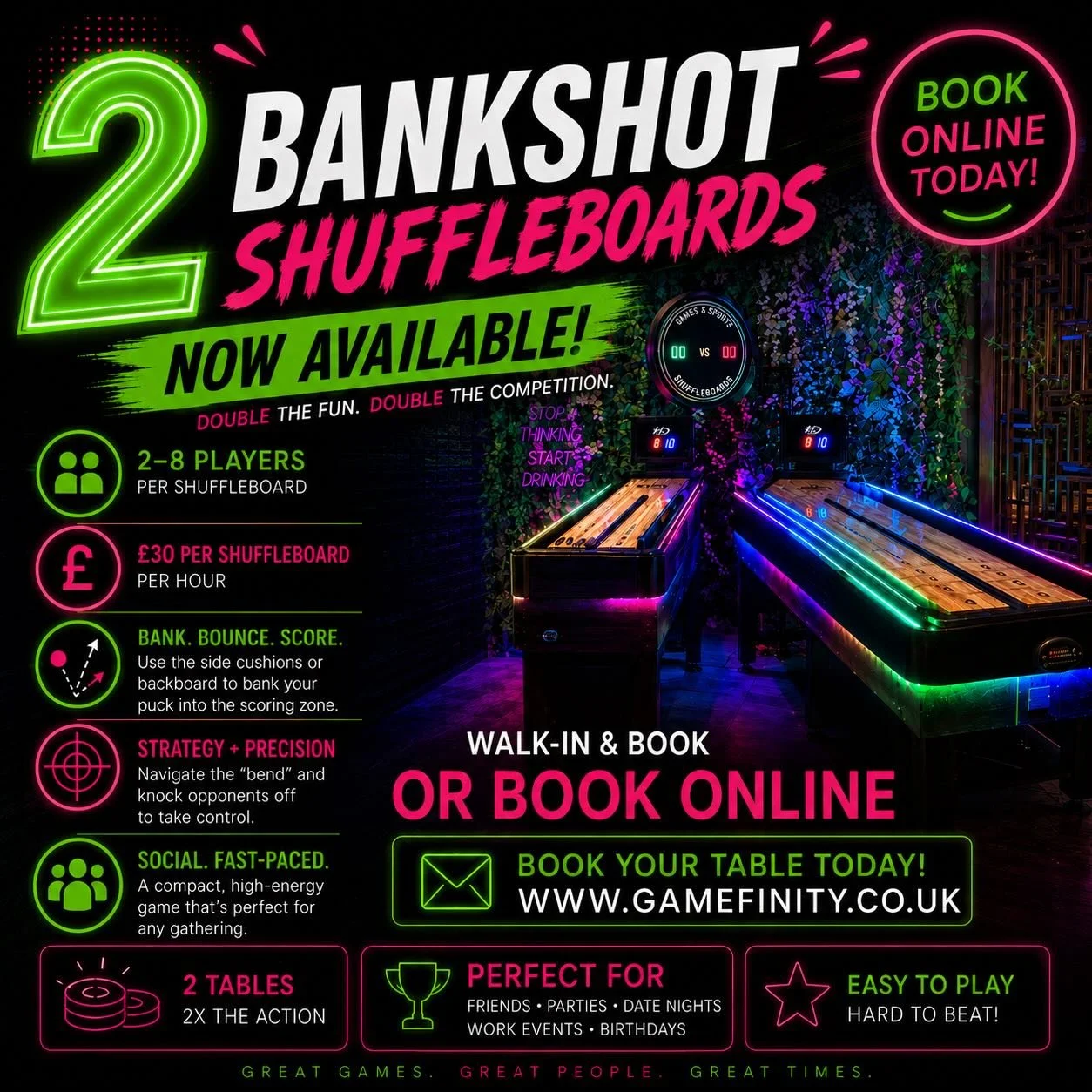 🎉 EXCITING NEWS! 🎉

We&rsquo;re excited to announce that we now have 2 Bankshot Shuffleboards available at Gamefinity! 

Grab your friends, family, workmates, or date and take on the ultimate shuffleboard challenge.

✅ 2&ndash;8 players per shuffle