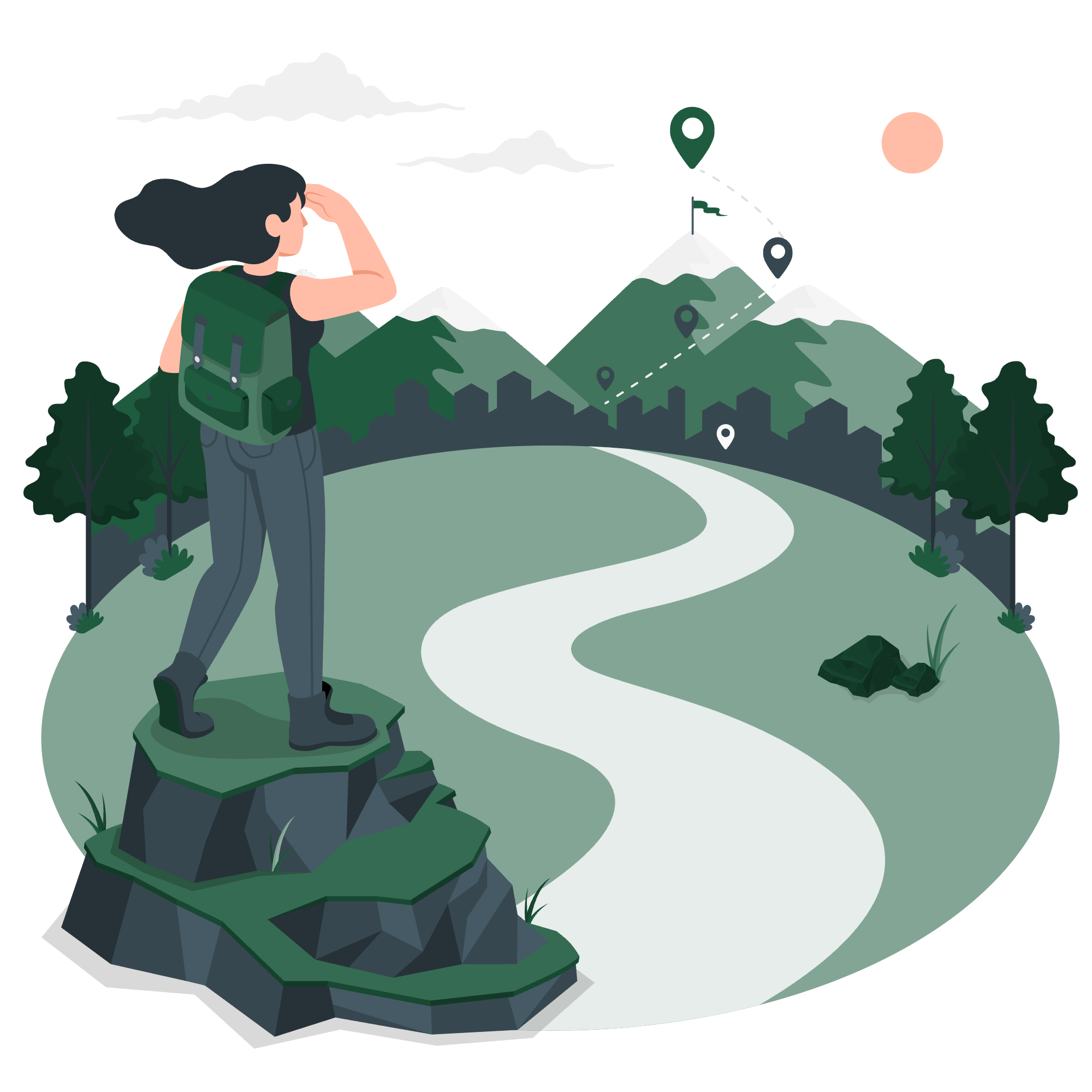 Illustration of a woman with a backpack standing on a rock, looking towards mountains with snow-capped peaks, clouds, a sunset, and a winding path with numbered location markers.