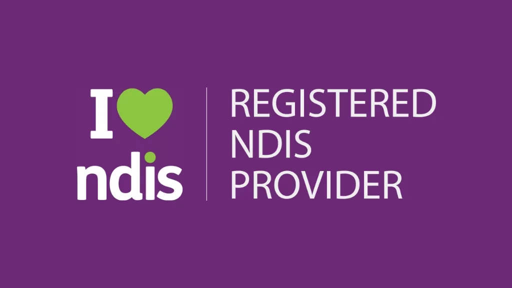 Purple background with white and green text that says "I love ndis" and "Registered NDIS Provider."