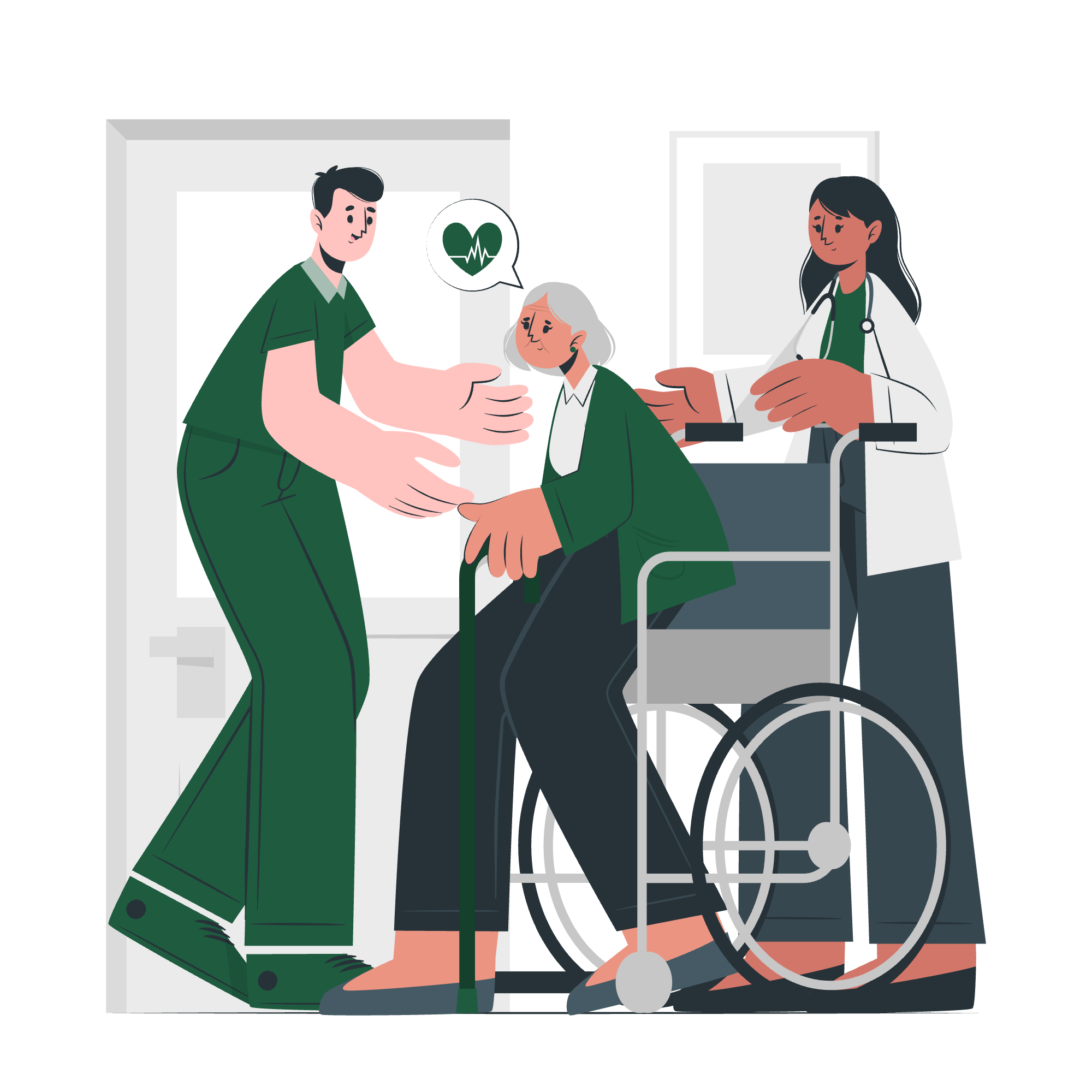 Illustration of a healthcare worker with a stethoscope and a patient in a wheelchair, holding hands, with a doctor standing nearby. The scene emphasizes caring and medical assistance.