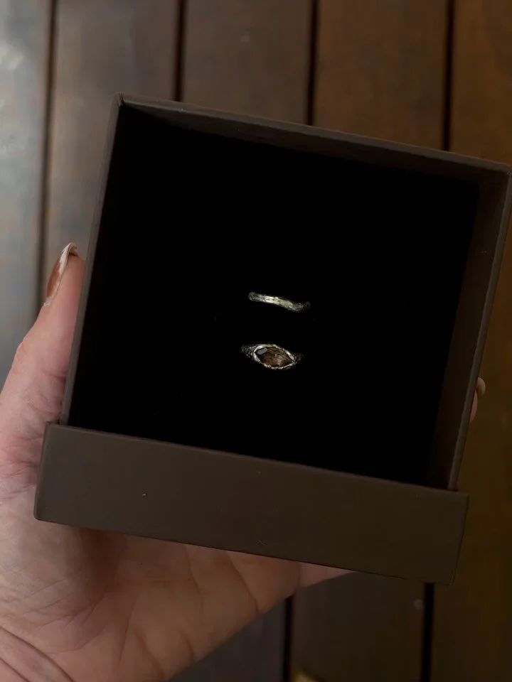 Honoured to have had the pleasure of making this special ring set for the beautiful and talented @_ameliamagdalena 

A gorgeous brown Smokey quartz set in 9k white gold with a matching textured band curved around it. One of my favourite sets I&rsquo;