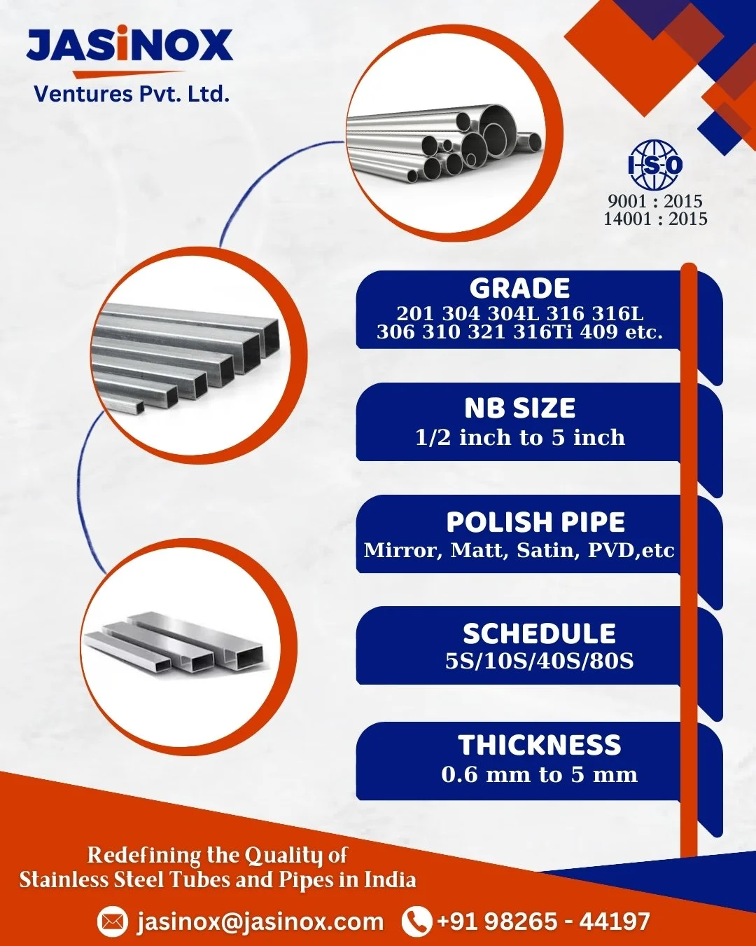 JASINOX Ventures Pvt. Ltd. featuring images of stainless steel pipes and polished pipes. The text highlights the company's standards, grades, sizes, polishing options, schedules, and thicknesses for stainless steel tubes and pipes, including ISO certifications, and contact information in India.