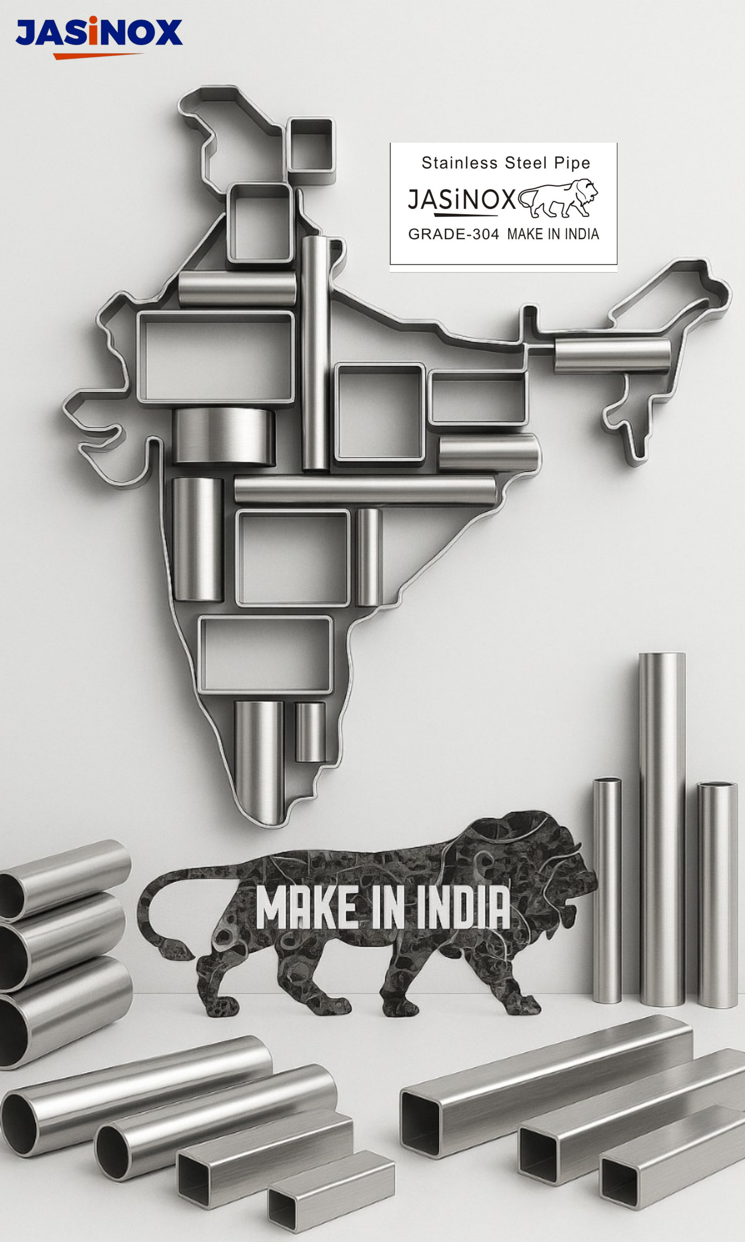 A map of India made from stainless steel piping. The text says 'JASINOX' and 'Stainless Steel Pipe' with additional details. SS pipe industry referred in the image under Make in India campaign.