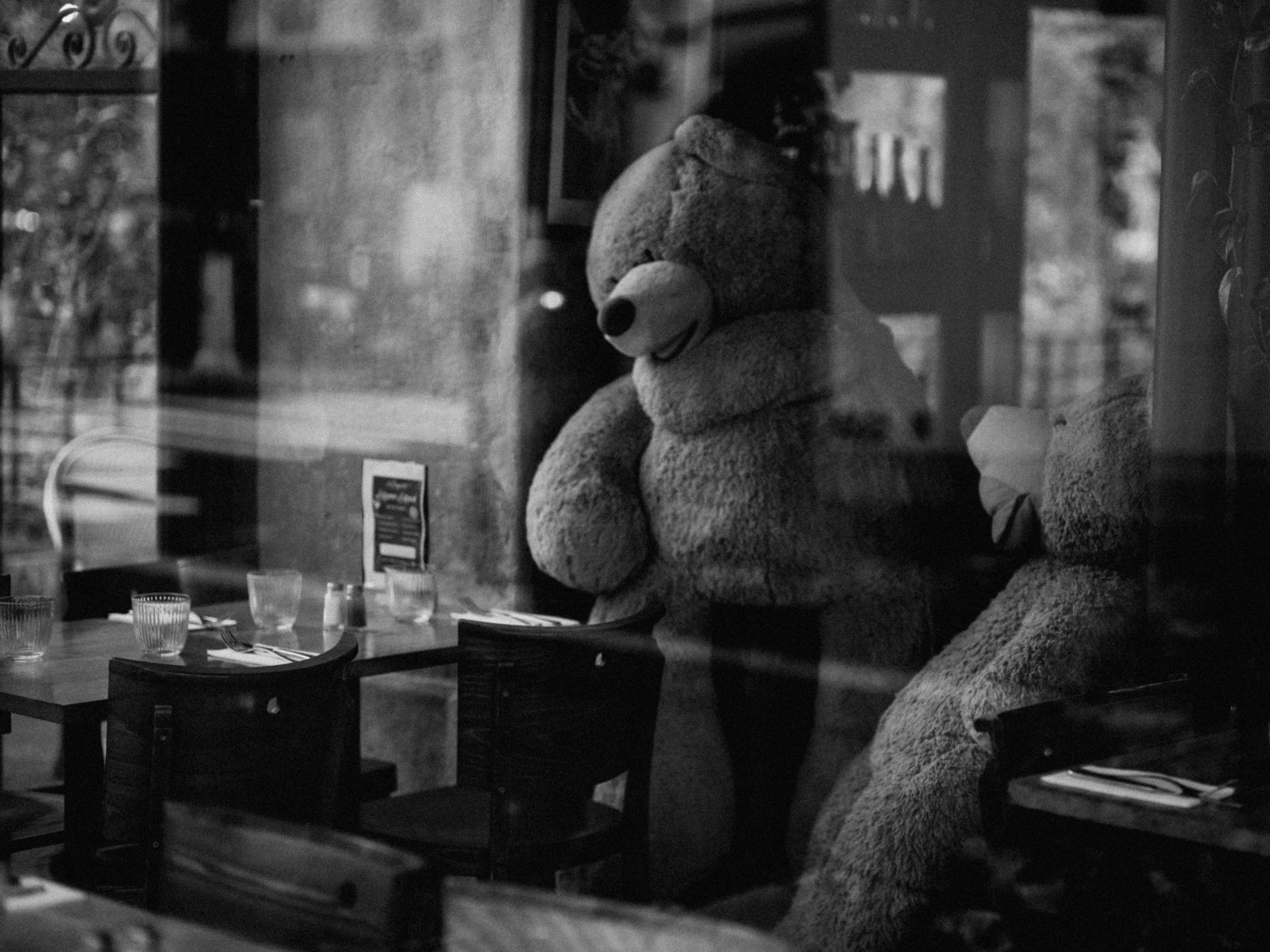 A stuffed teddy bear and a smaller stuffed animal are seen through a restaurant window, with part of the dining area inside visible.