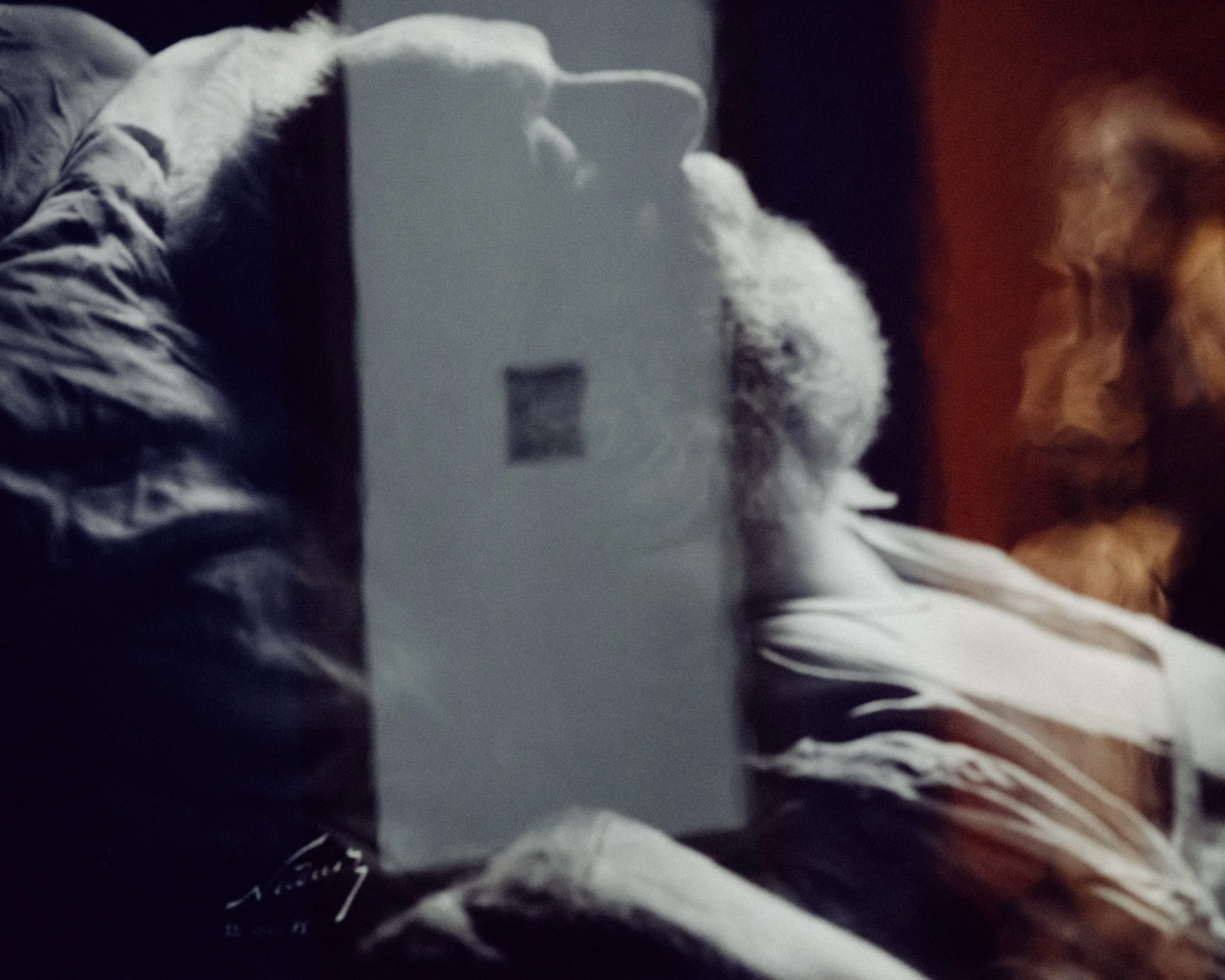 A person taking a selfie in a mirror with a smartphone, wearing a white shirt, with a dog partially visible in the background.