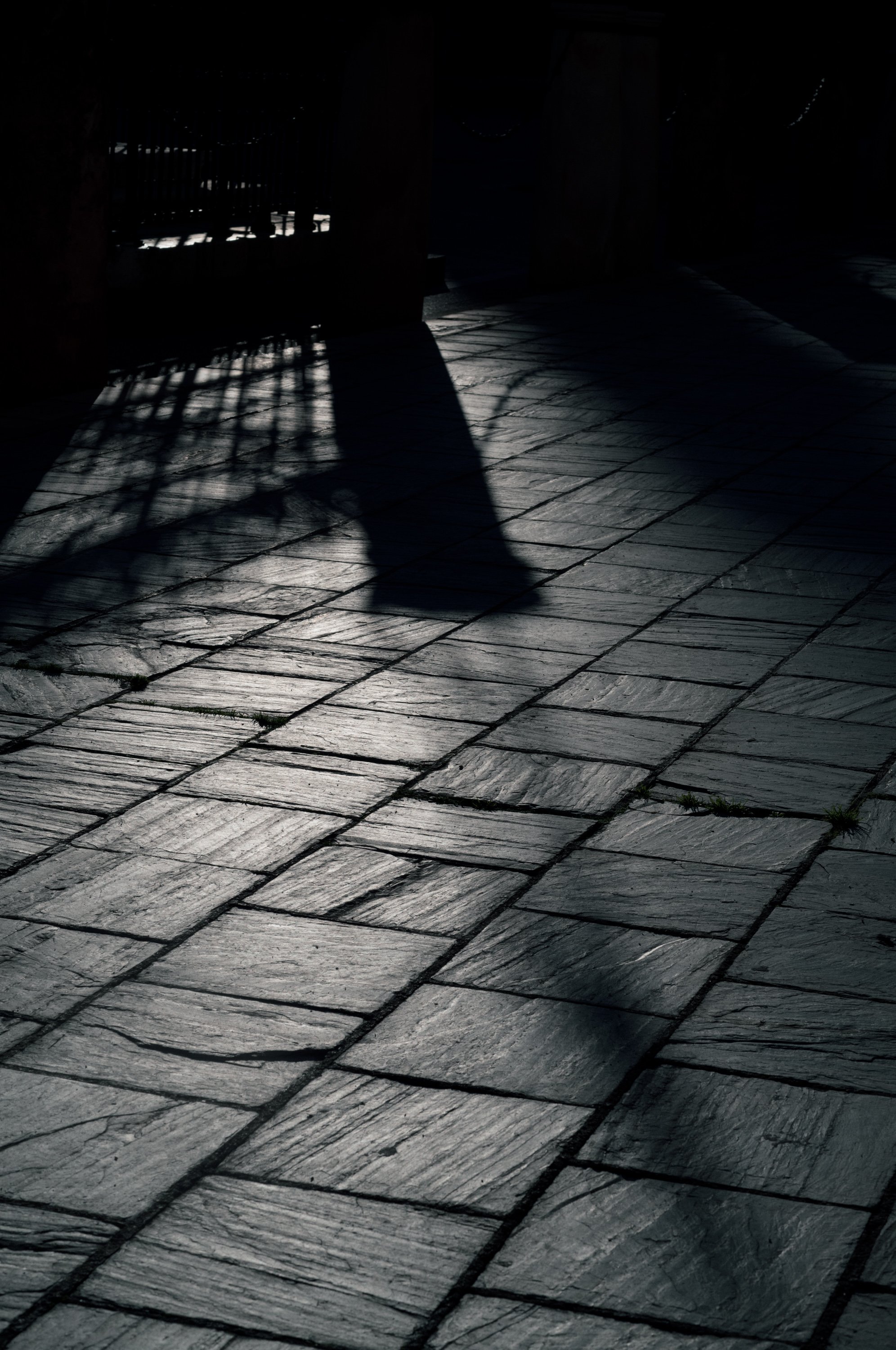 Shadows cast by a gate or fence on a paved stone walkway, with some small patches of grass between the stones.