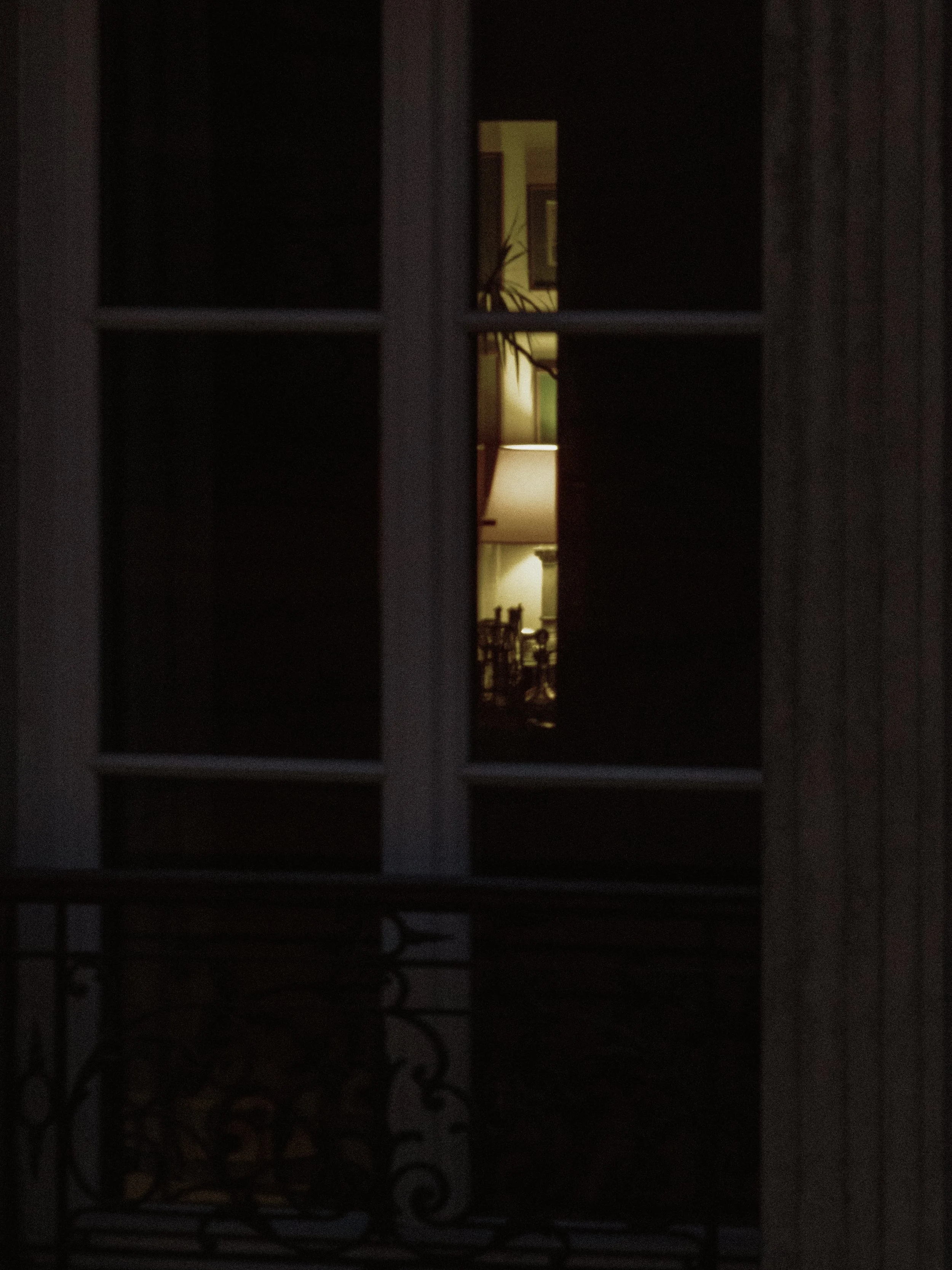 Nighttime view through a window with a grid of panes, showing a lit interior room with a lamp, a framed picture, and a plant.