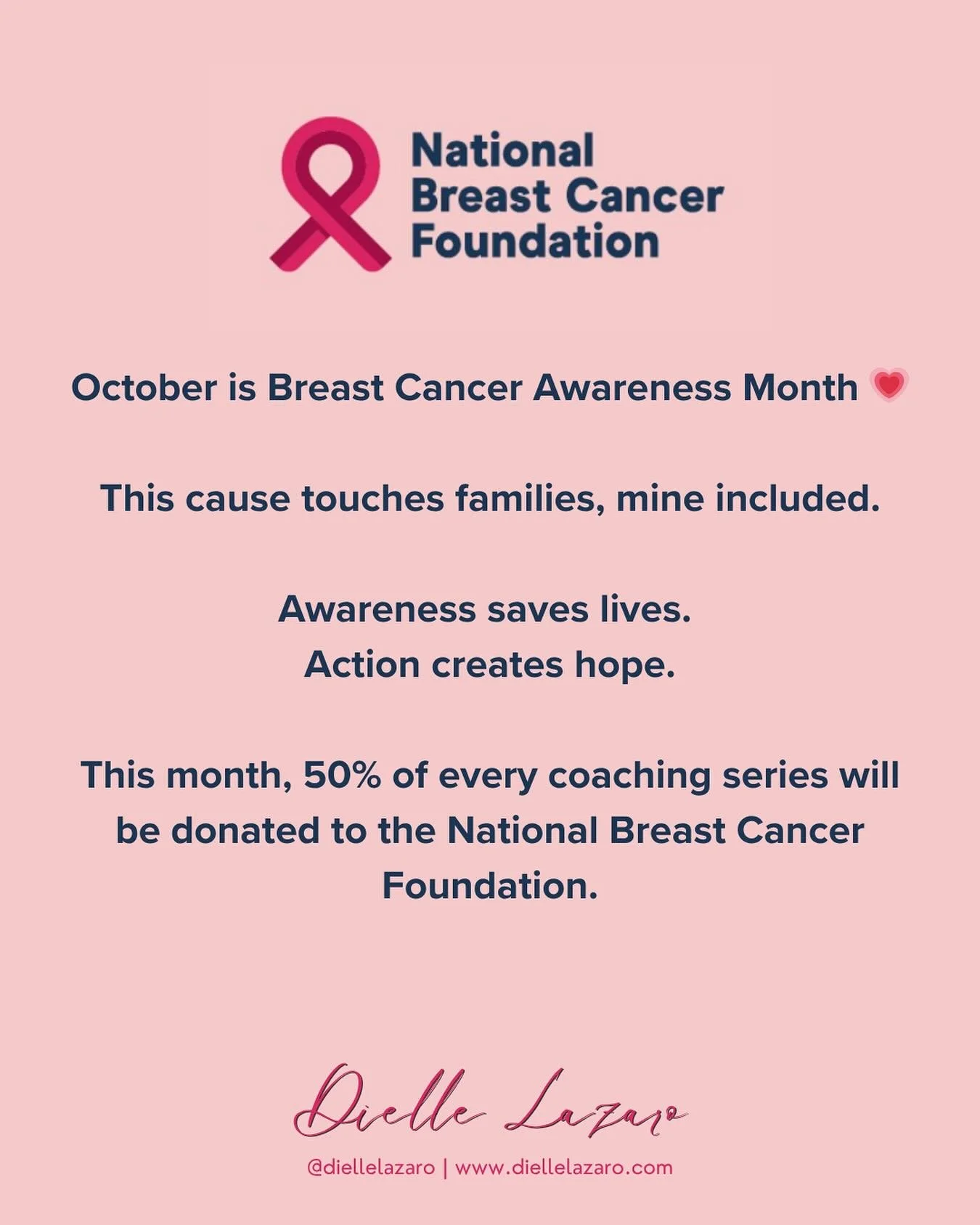Every story matters. Every action counts.

This October, in support of Breast Cancer Awareness Month, 
I&rsquo;m committing to more than awareness&hellip; I&rsquo;m taking action.

For every 3- and 6-month coaching series booked in October, 50% of pr