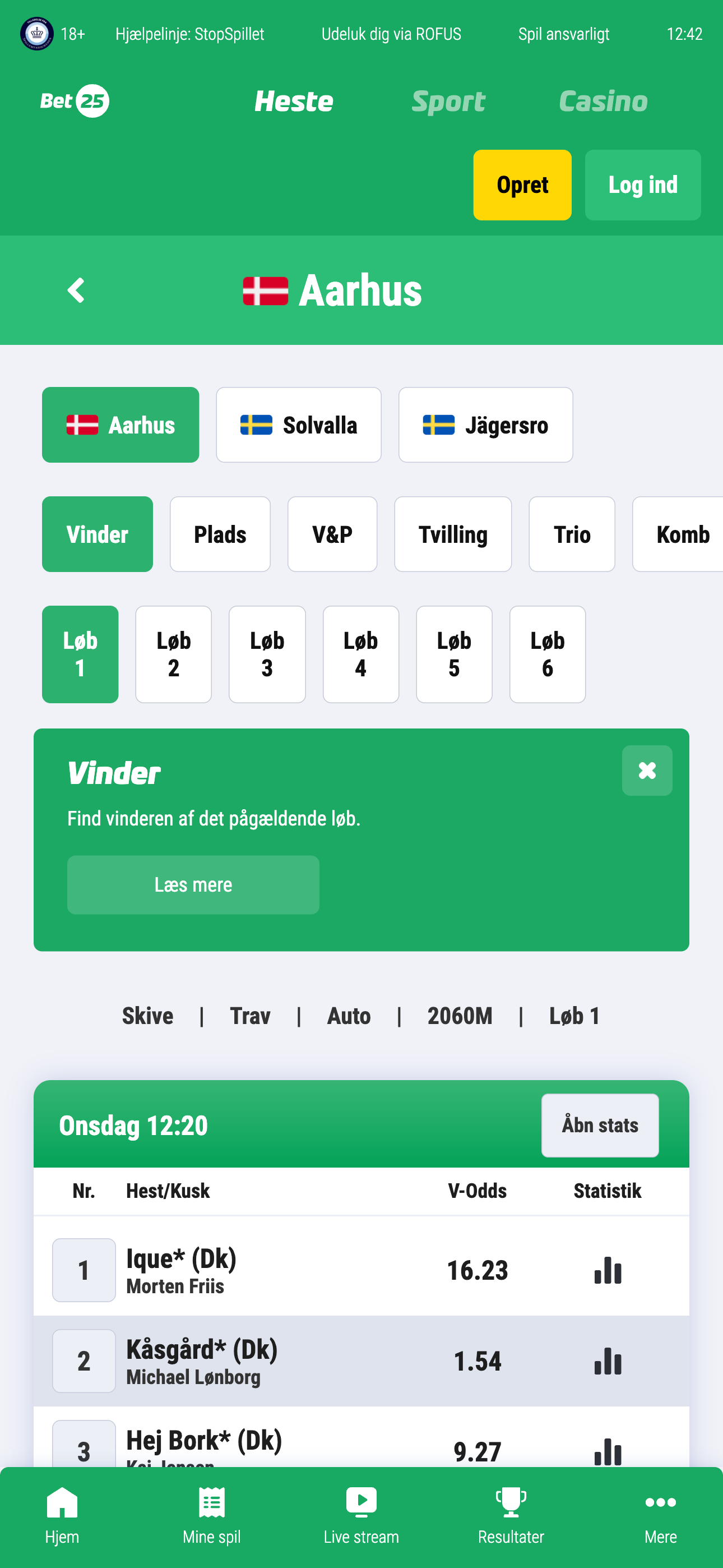 Billede der viser en et dansk løb i Aarhus, inde på Bet25 Heste appen.